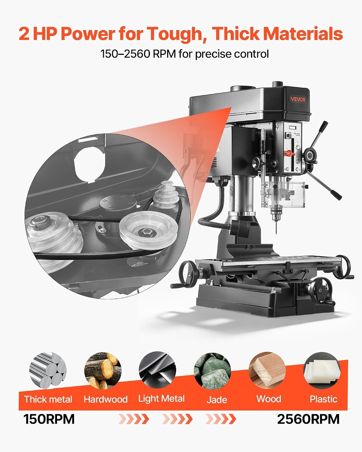 image:imageVEVOR 15875Inch Mill Drill Machine 2 HP Benchtop Milling Drill Press 1502560 RPM Adjustable Speed with Rotating Vise Laser and Work Light Milling Drilling Machine for Woodworking Light Metal