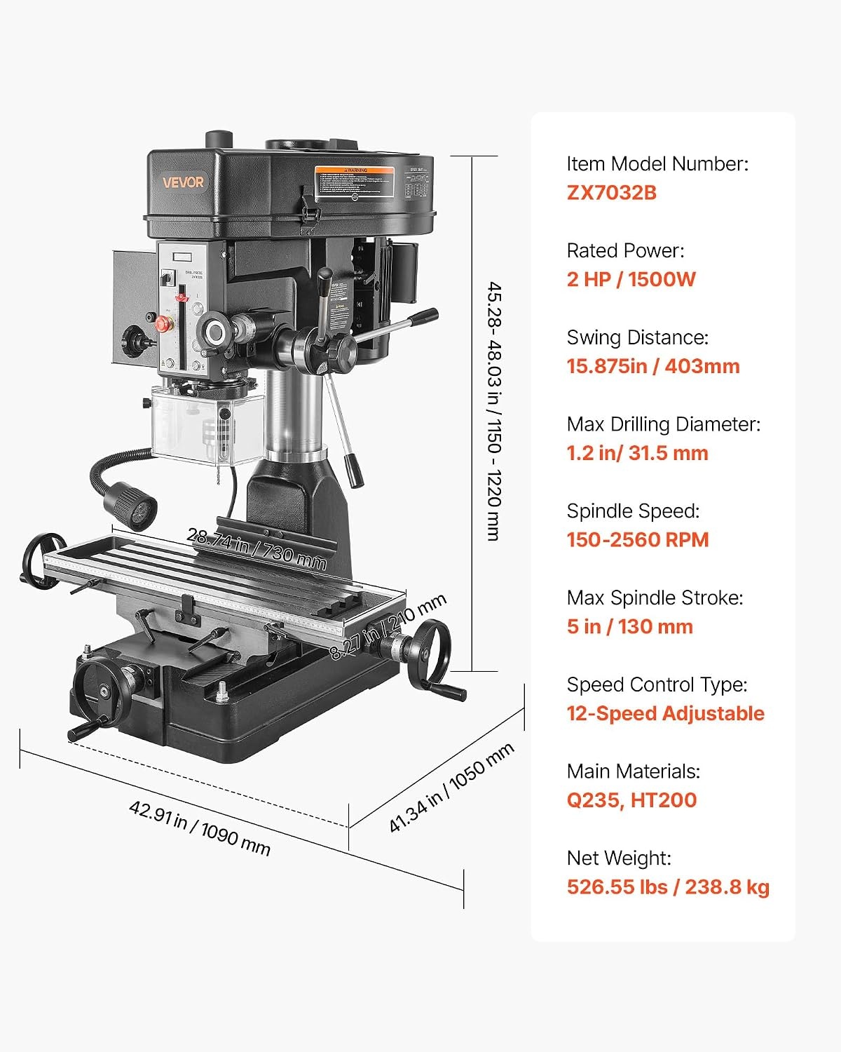 image:imageVEVOR 15875Inch Mill Drill Machine 2 HP Benchtop Milling Drill Press 1502560 RPM Adjustable Speed with Rotating Vise Laser and Work Light Milling Drilling Machine for Woodworking Light Metal