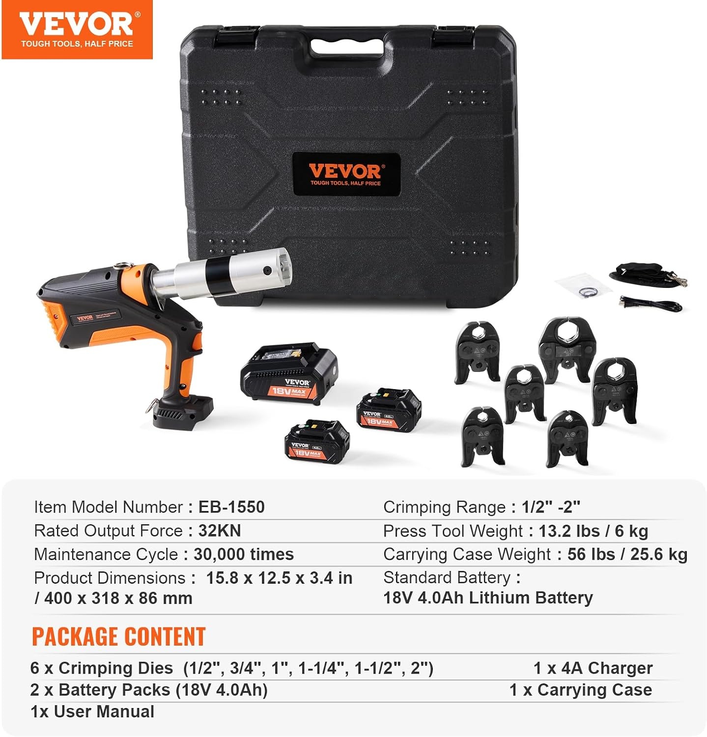 image:imageVEVOR 18V Press Tool 32KN Electric Pipe Crimping Tool for 12 to 2 Copper Pipes 360 Rotation Automatic Crimper with Brushless Motor amp 6 Jaws Compatible with ProPress6 Jaws Brushless Motor
