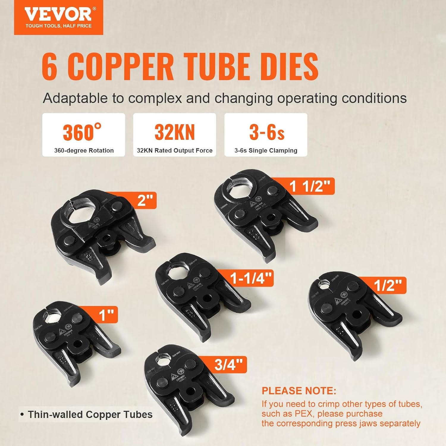image:imageVEVOR 18V Press Tool 32KN Electric Pipe Crimping Tool for 12 to 2 Copper Pipes 360 Rotation Automatic Crimper with Brushless Motor amp 6 Jaws Compatible with ProPress6 Jaws Brushless Motor
