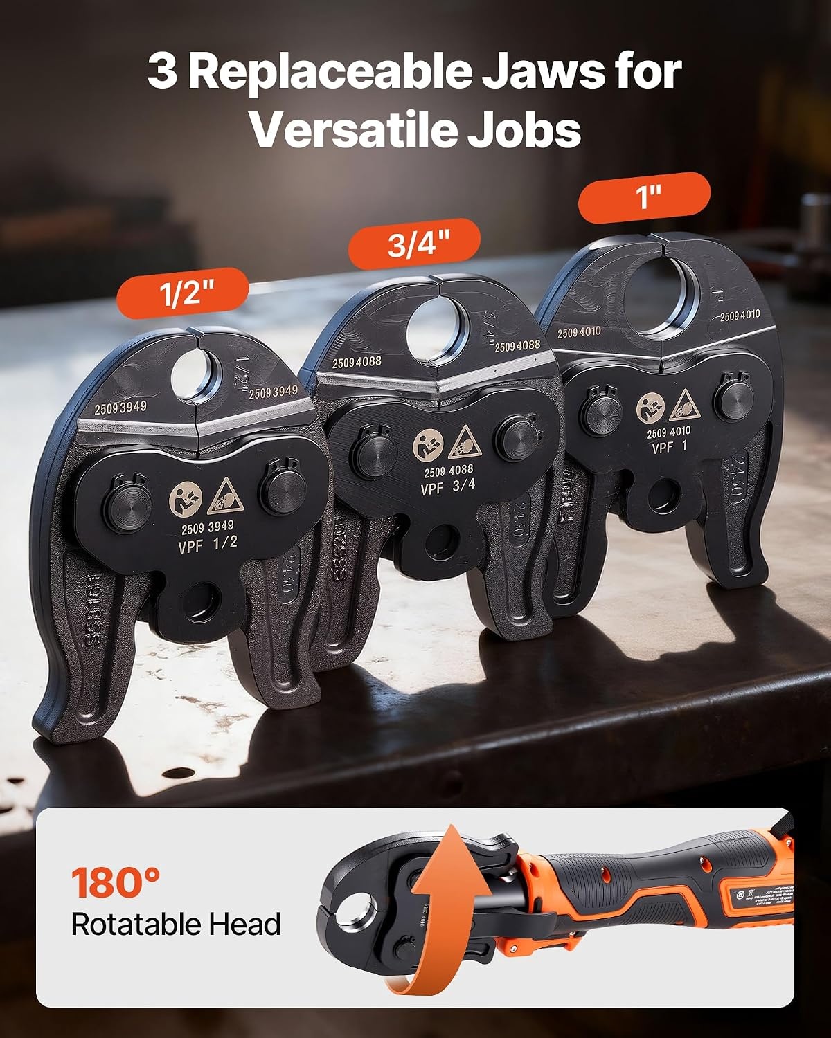 image:imageVEVOR 18V Press Tool 32KN Electric Pipe Crimping Tool for 12 to 2 Copper Pipes 360 Rotation Automatic Crimper with Brushless Motor amp 6 Jaws Compatible with ProPress3 VPF Jaws