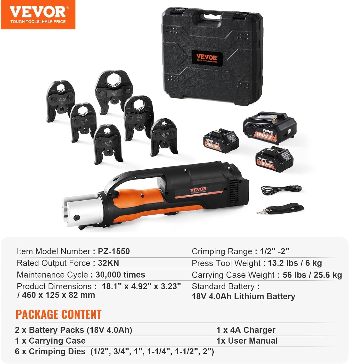 image:imageVEVOR 18V Press Tool 32KN Electric Pipe Crimping Tool for 12 to 2 Copper Pipes 360 Rotation Automatic Crimper with Brushless Motor amp 6 Jaws Compatible with ProPress6 VUS Press Jaws