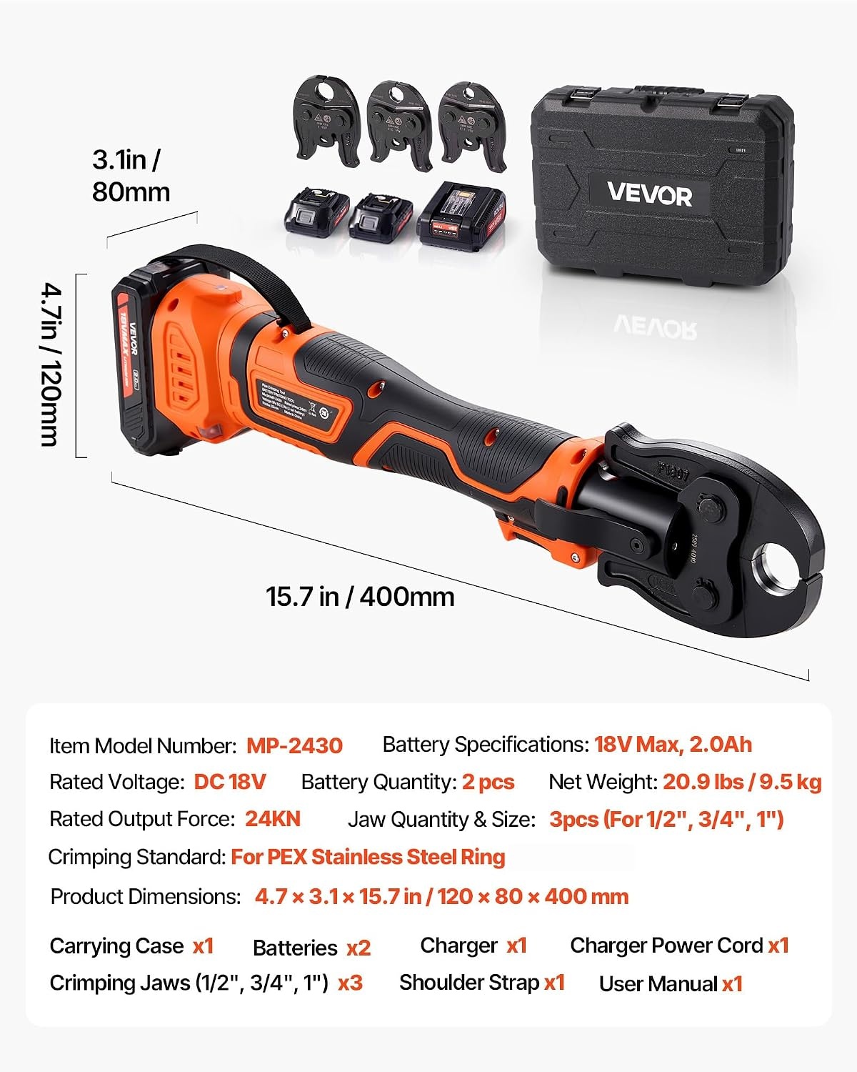 image:imageVEVOR 18V Press Tool 32KN Electric Pipe Crimping Tool for 12 to 2 Copper Pipes 360 Rotation Automatic Crimper with Brushless Motor amp 6 Jaws Compatible with ProPress3 VPF Jaws