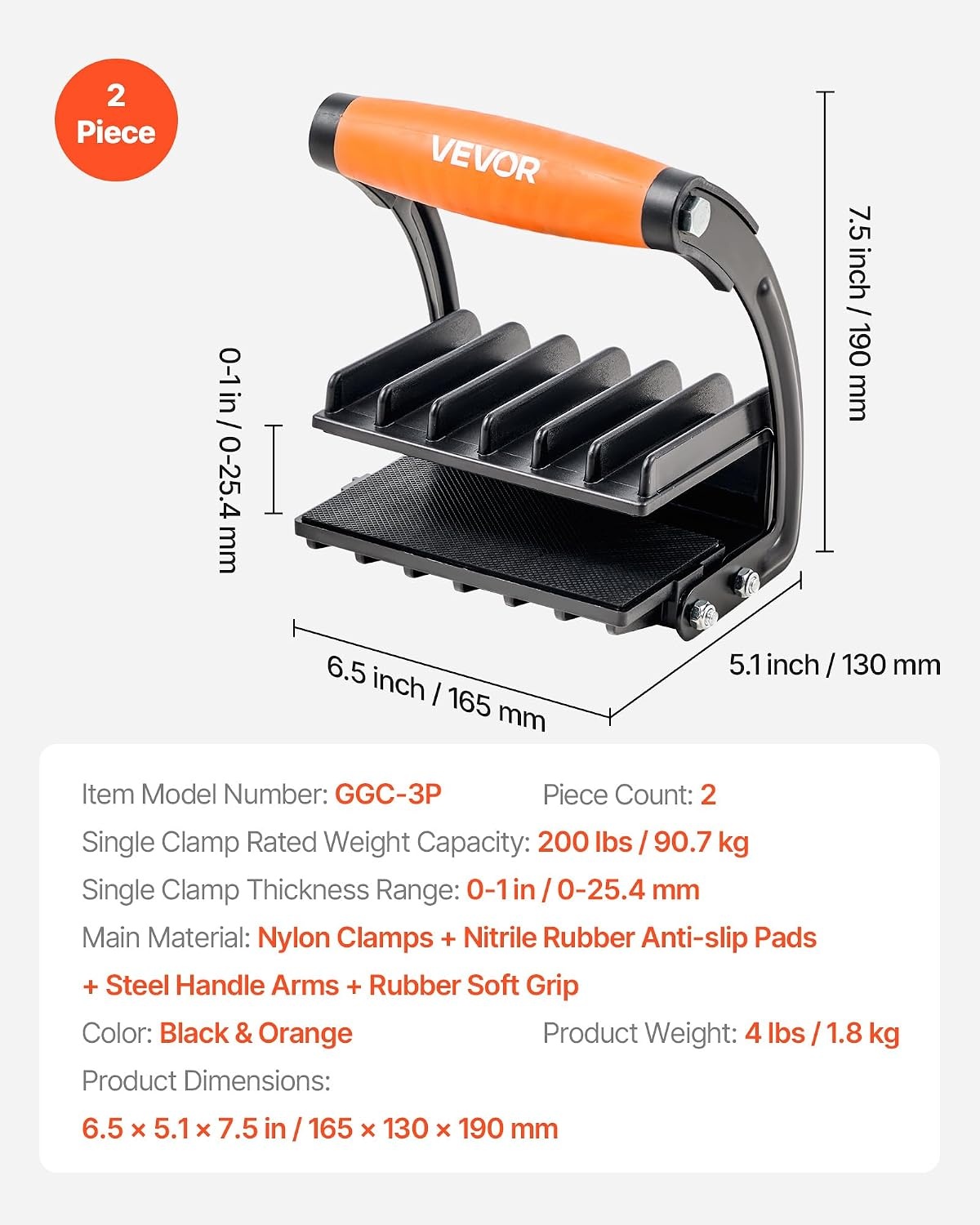 image:imageVEVOR 2 Pack Panel Carrier Plywood and Drywall Lifting Tool with 01 Inch Grip Range Single Hand Clamp Lift Tool with NonSlip Grips for Plastic Boards Plywood board Drywall 200lbs Single Clamp