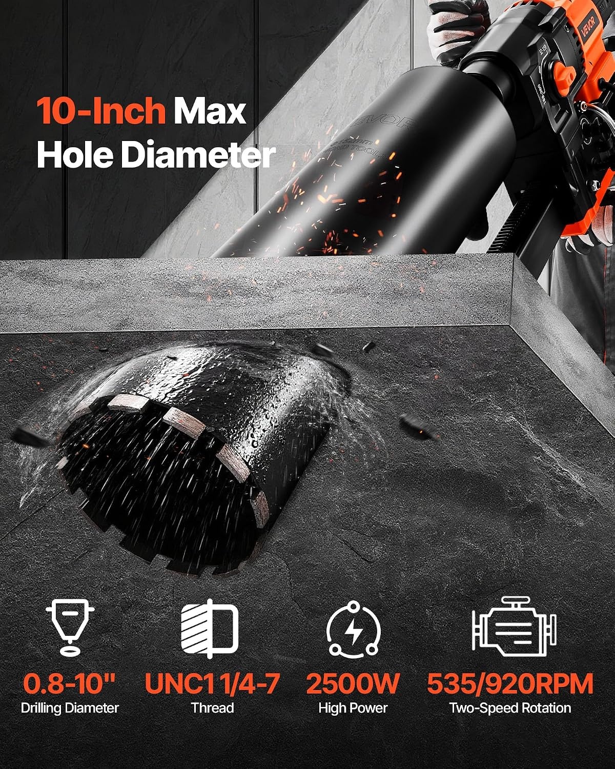 image:imageVEVOR 2 in 1 Handheld amp Standmount Core Drill 0863in Drilling Diameter 2000W Powerful Concrete Drilling Machine with Stand and Core Bit For Corner Operation and LargeScale Projects10in Core Drill 10 Bits Set