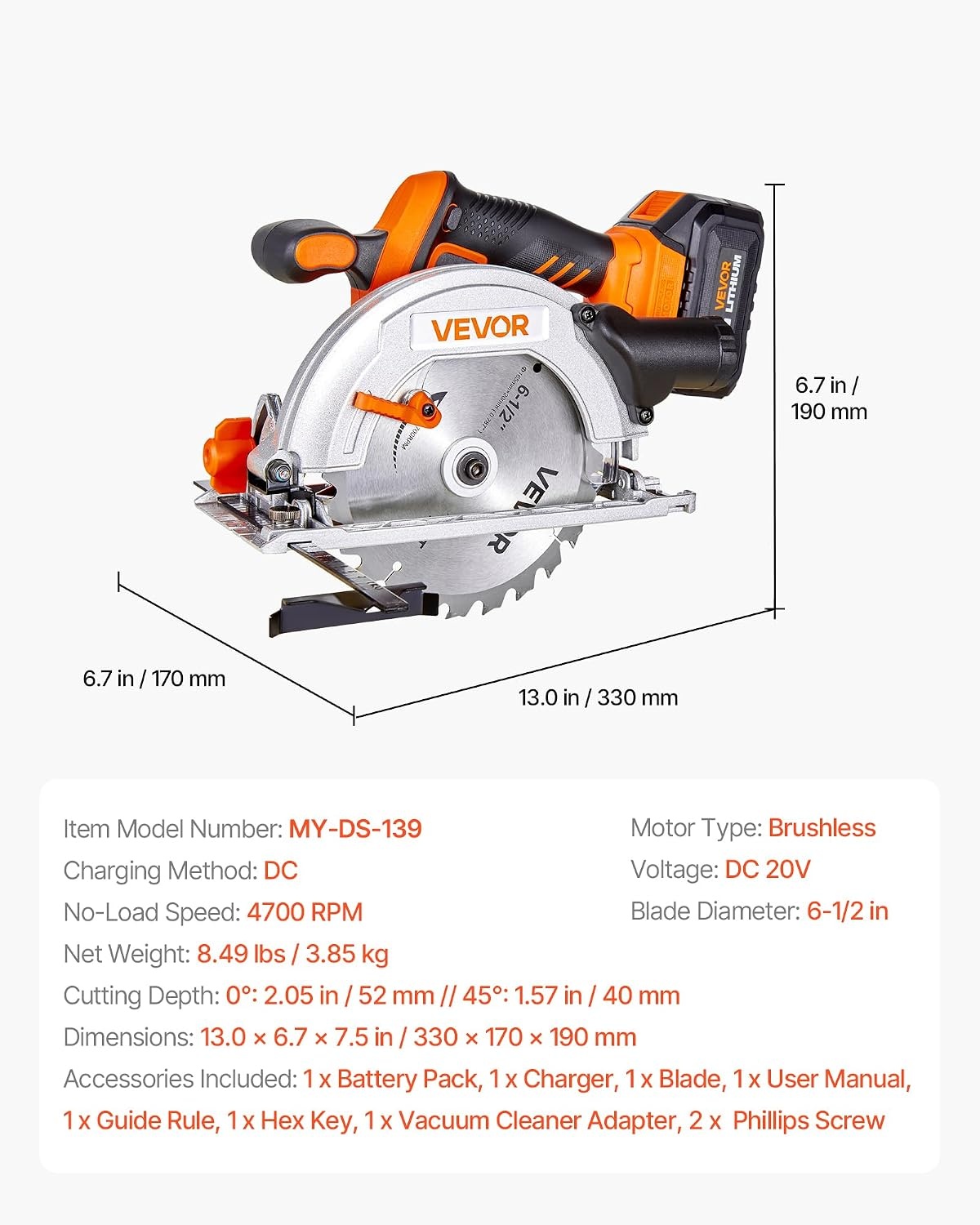 image:imageVEVOR 20V Cordless Circular Saw 612 Brushless Circular Saw 4700 RPM 045 Degree Bevel Capability LED Light Electric Circular Saw Kit with Battery and Charger Included for Wood Cutting612