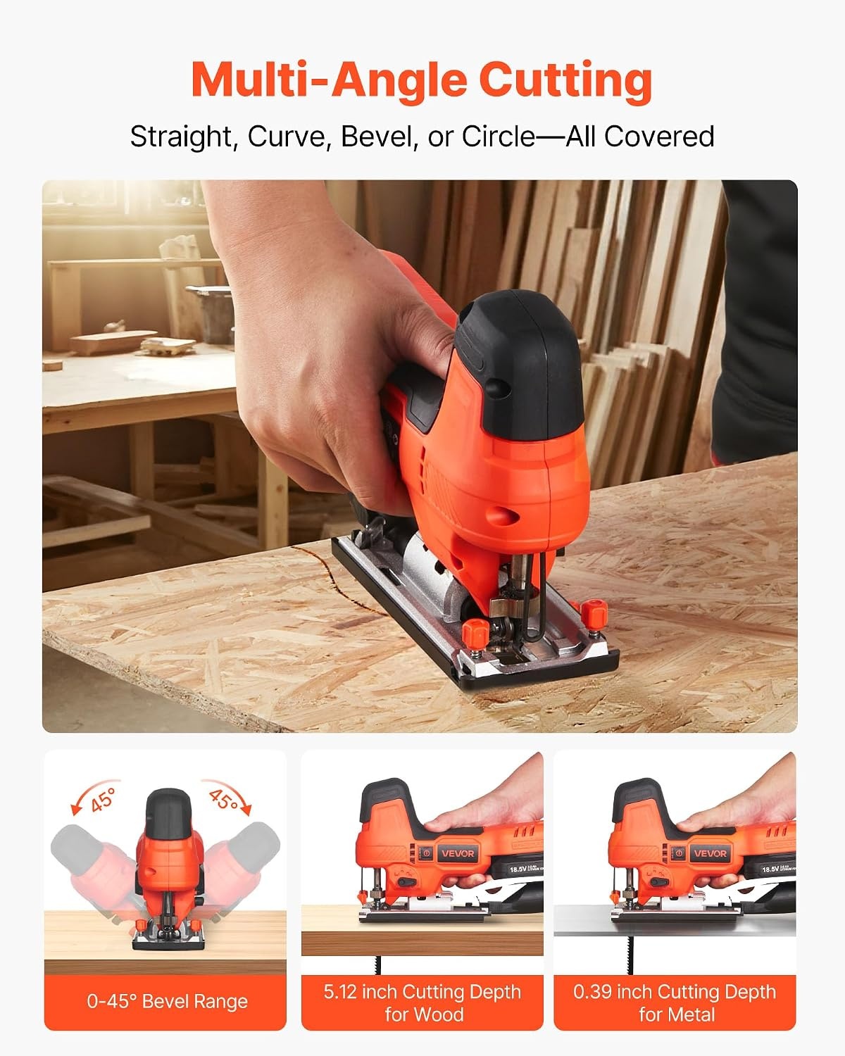 image:imageVEVOR 20V Cordless Jig Saw 34 Jigsaw Tool for Makita 18V Battery 3000 SPM amp 6 Variable Speed Battery amp Charger LED Light 045 Bevel Cuts 6 Blades 4 Orbital Settings for Wood amp MetalCordless 783500SPM