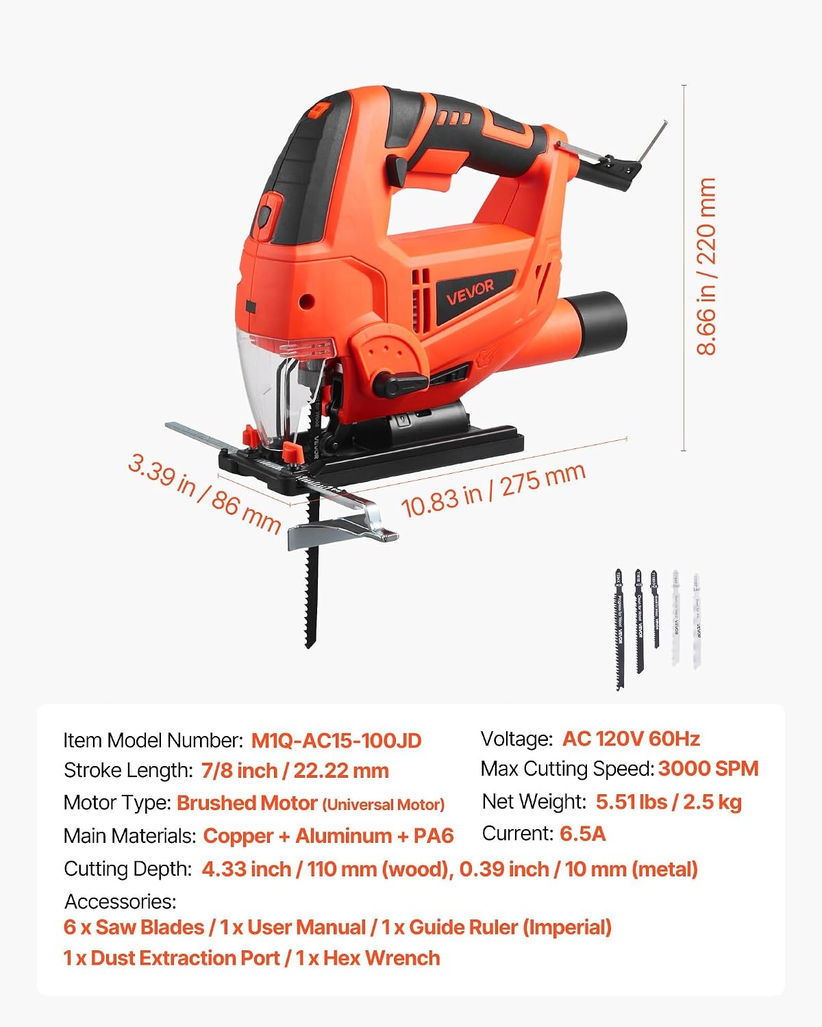 image:imageVEVOR 20V Cordless Jig Saw 34 Jigsaw Tool for Makita 18V Battery 3000 SPM amp 6 Variable Speed Battery amp Charger LED Light 045 Bevel Cuts 6 Blades 4 Orbital Settings for Wood amp Metal783000spm