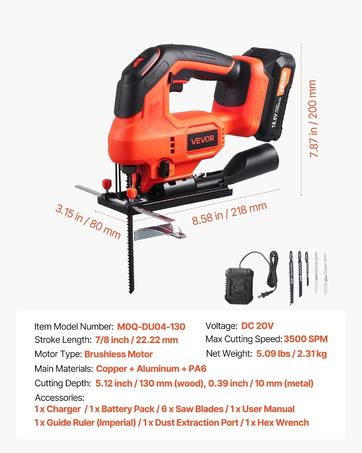 image:imageVEVOR 20V Cordless Jig Saw 34 Jigsaw Tool for Makita 18V Battery 3000 SPM amp 6 Variable Speed Battery amp Charger LED Light 045 Bevel Cuts 6 Blades 4 Orbital Settings for Wood amp Metal783500SPM