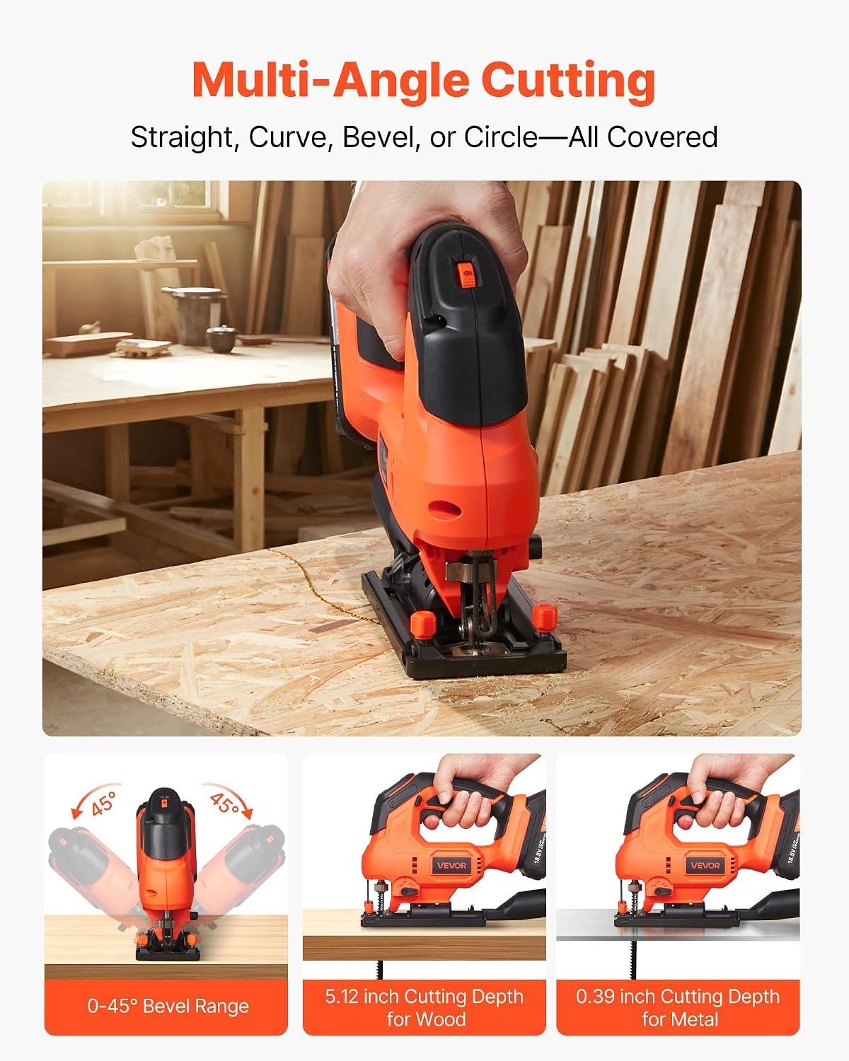 image:imageVEVOR 20V Cordless Jig Saw 34 Jigsaw Tool for Makita 18V Battery 3000 SPM amp 6 Variable Speed Battery amp Charger LED Light 045 Bevel Cuts 6 Blades 4 Orbital Settings for Wood amp MetalCordless 343000SPM