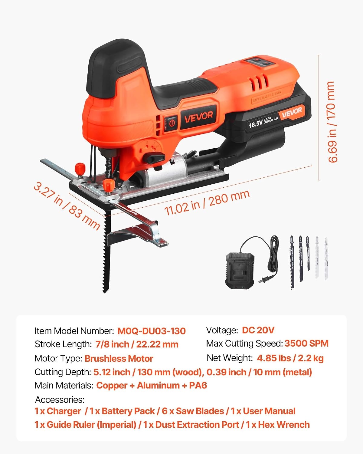 image:imageVEVOR 20V Cordless Jig Saw 34 Jigsaw Tool for Makita 18V Battery 3000 SPM amp 6 Variable Speed Battery amp Charger LED Light 045 Bevel Cuts 6 Blades 4 Orbital Settings for Wood amp MetalCordless 783500SPM
