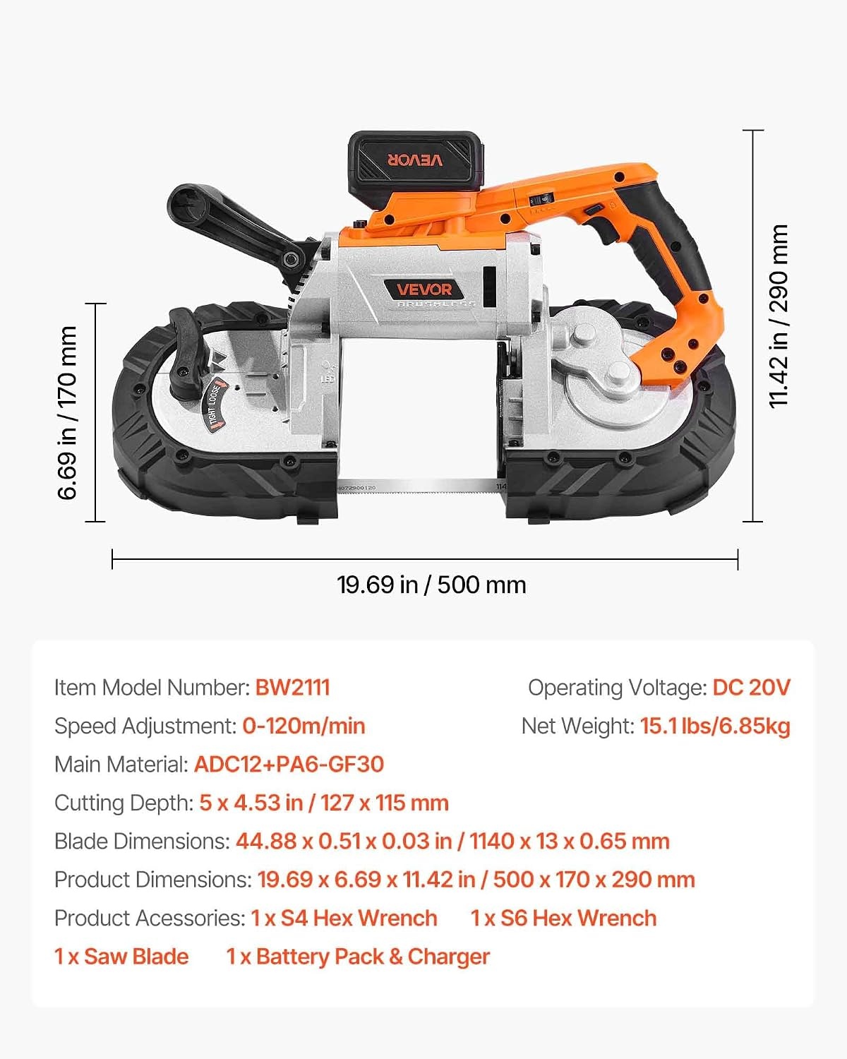 image:imageVEVOR 20V Portable Band Saw 256Inch Deep Cut 360W Cordless Compact Bandsaw with Brushless Motor Adjustable Speed for Cutting Metal Wood Compatible with Makita Batteries Bare Tool Only5inch Kit with Battery