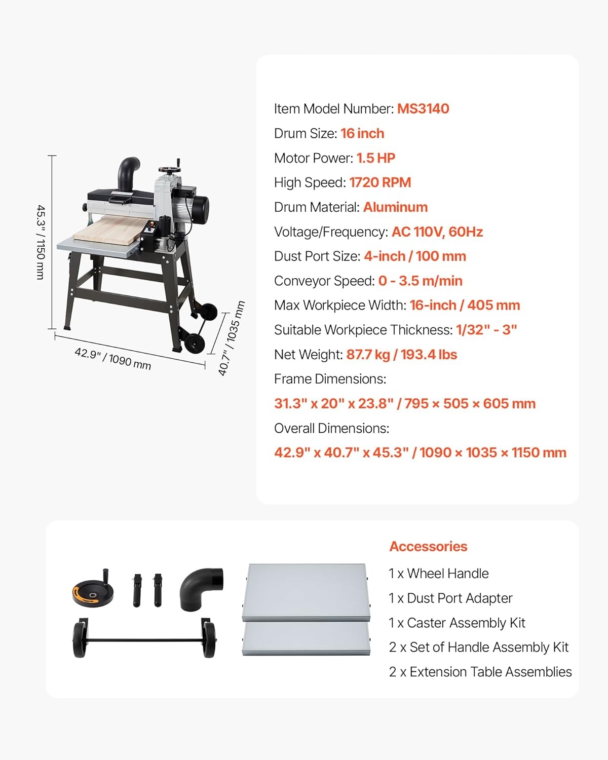image:imageVEVOR 22 Drum Sander with Stand amp Extension Tables 175HP 1440RPM Dual Motor Drum Sander for Woodworking Variable Speed Conveyor Belt 4 Dust Collection Port for Cabinet amp Furniture Finishing16Inch