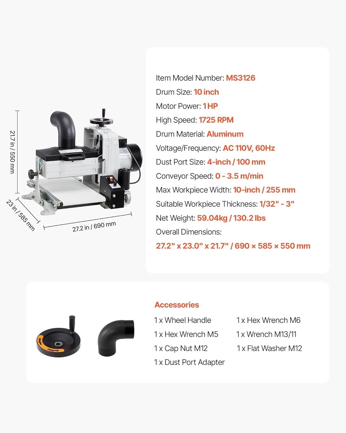 image:imageVEVOR 22 Drum Sander with Stand amp Extension Tables 175HP 1440RPM Dual Motor Drum Sander for Woodworking Variable Speed Conveyor Belt 4 Dust Collection Port for Cabinet amp Furniture Finishing10Inch