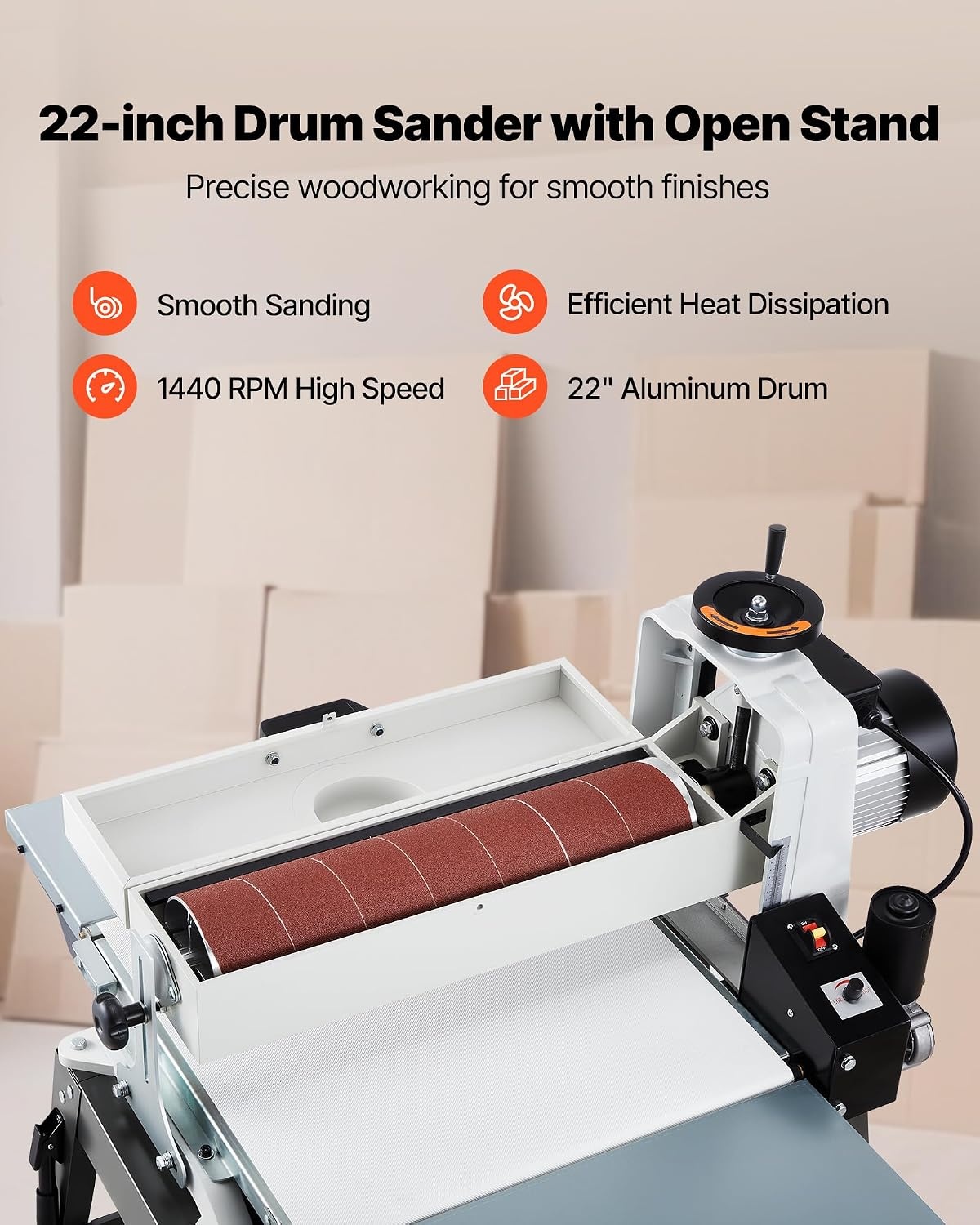 image:imageVEVOR 22 Drum Sander with Stand amp Extension Tables 175HP 1440RPM Dual Motor Drum Sander for Woodworking Variable Speed Conveyor Belt 4 Dust Collection Port for Cabinet amp Furniture Finishing22Inch