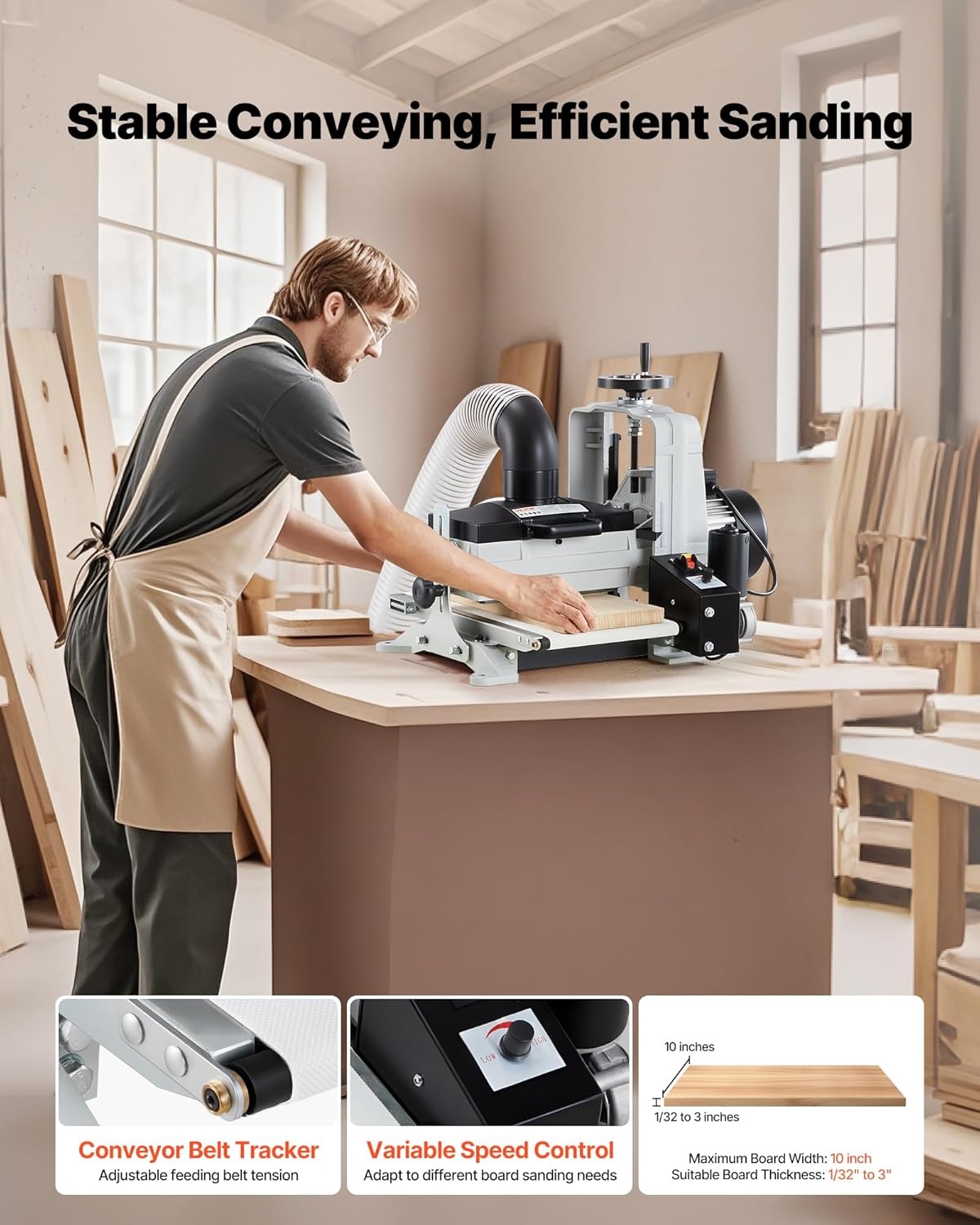 image:imageVEVOR 22 Drum Sander with Stand amp Extension Tables 175HP 1440RPM Dual Motor Drum Sander for Woodworking Variable Speed Conveyor Belt 4 Dust Collection Port for Cabinet amp Furniture Finishing10Inch