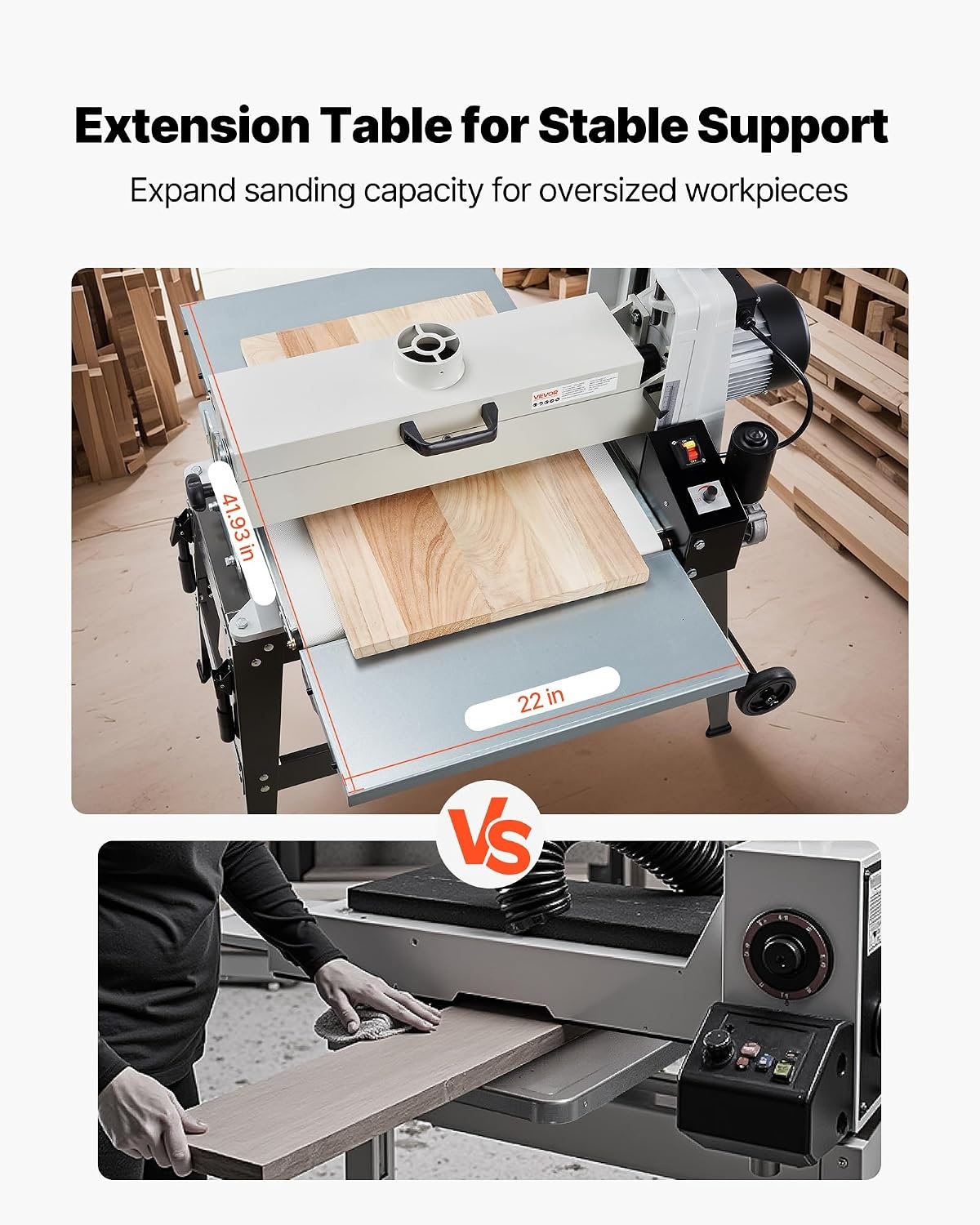 image:imageVEVOR 22 Drum Sander with Stand amp Extension Tables 175HP 1440RPM Dual Motor Drum Sander for Woodworking Variable Speed Conveyor Belt 4 Dust Collection Port for Cabinet amp Furniture Finishing22Inch