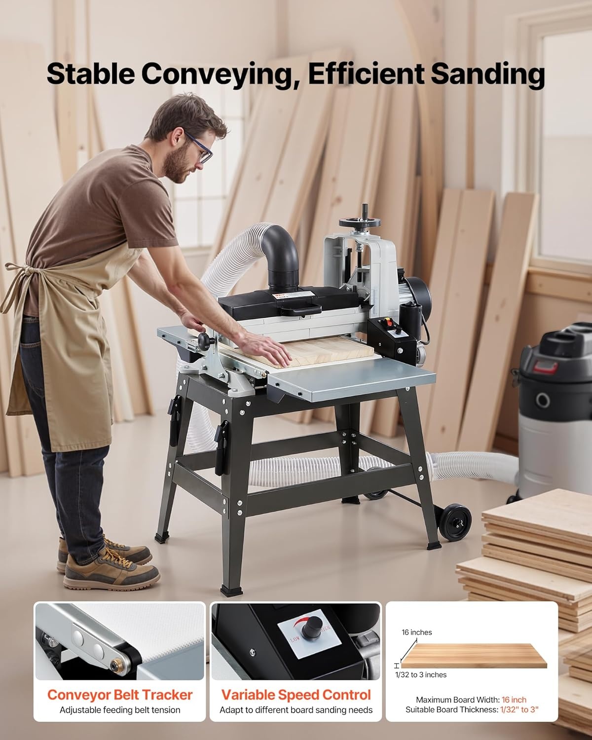 image:imageVEVOR 22 Drum Sander with Stand amp Extension Tables 175HP 1440RPM Dual Motor Drum Sander for Woodworking Variable Speed Conveyor Belt 4 Dust Collection Port for Cabinet amp Furniture Finishing16Inch