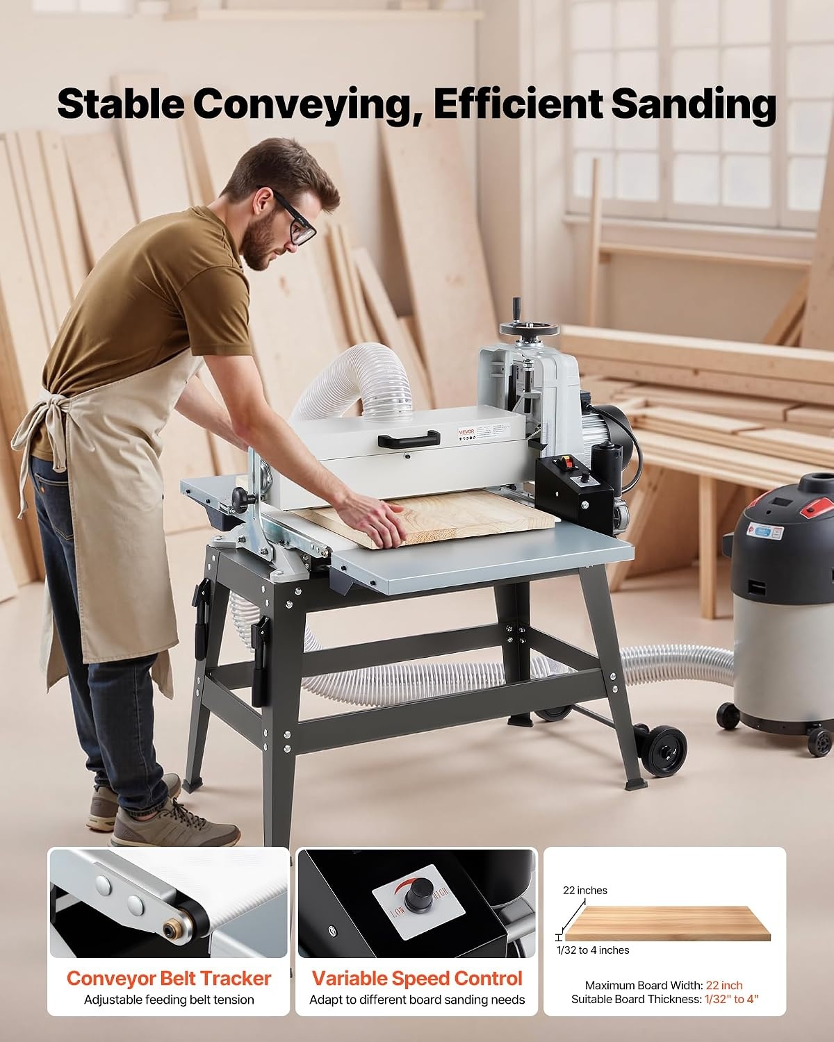 image:imageVEVOR 22 Drum Sander with Stand amp Extension Tables 175HP 1440RPM Dual Motor Drum Sander for Woodworking Variable Speed Conveyor Belt 4 Dust Collection Port for Cabinet amp Furniture Finishing22Inch