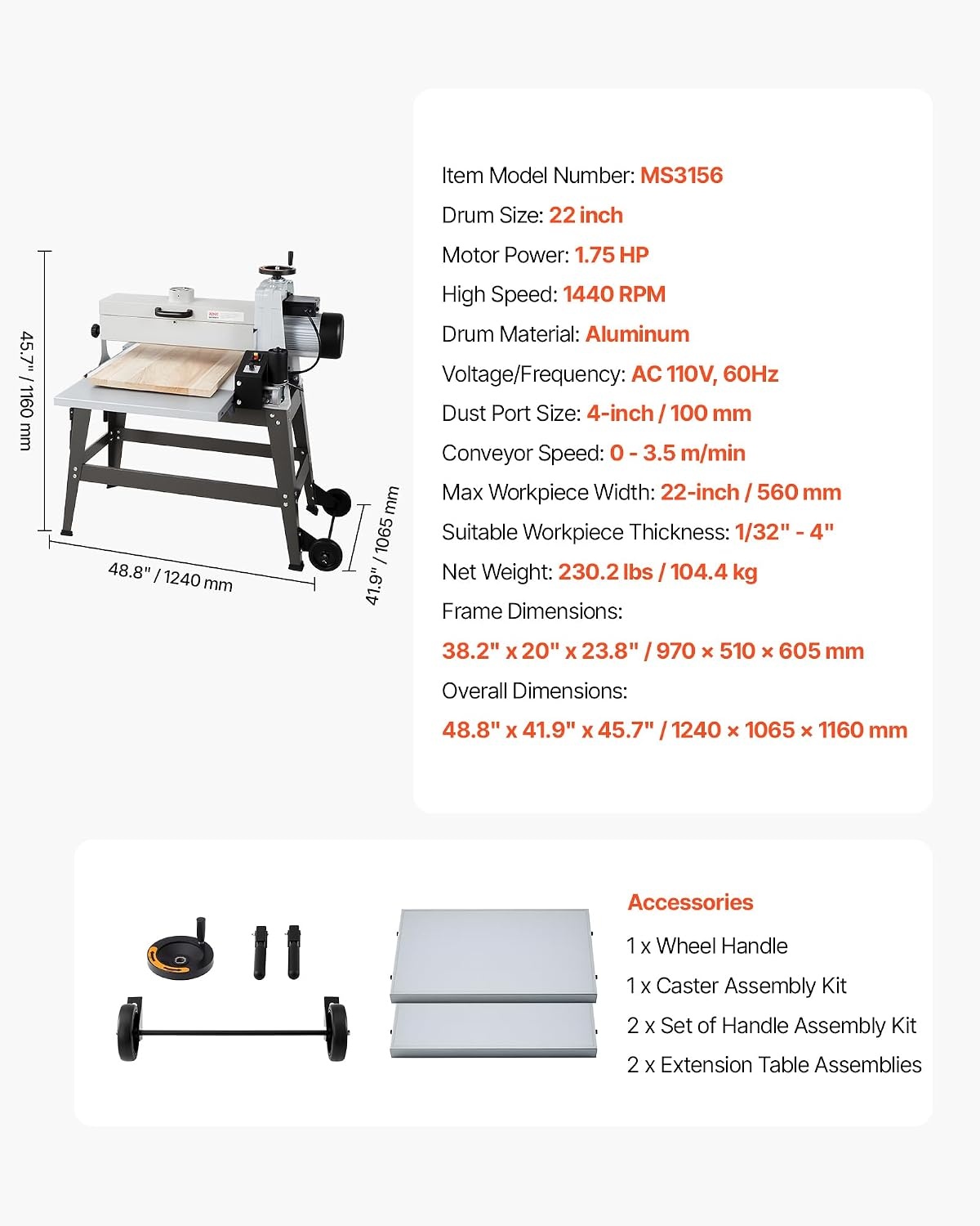 image:imageVEVOR 22 Drum Sander with Stand amp Extension Tables 175HP 1440RPM Dual Motor Drum Sander for Woodworking Variable Speed Conveyor Belt 4 Dust Collection Port for Cabinet amp Furniture Finishing22Inch