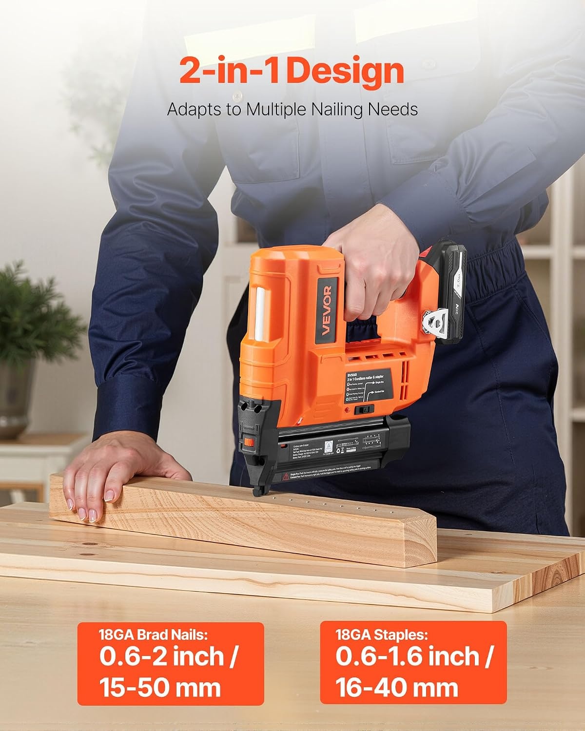 image:imageVEVOR 2in1 Cordless Brad Nailer 18 Gauge 20V Battery Powered Nail Gun and Staple Gun with 500 pcs Nails 500 pcs Staples 20 Ah Liion Battery and Charger for Home Improvement Woodworking20V Nailer Stapler 2 Batteries