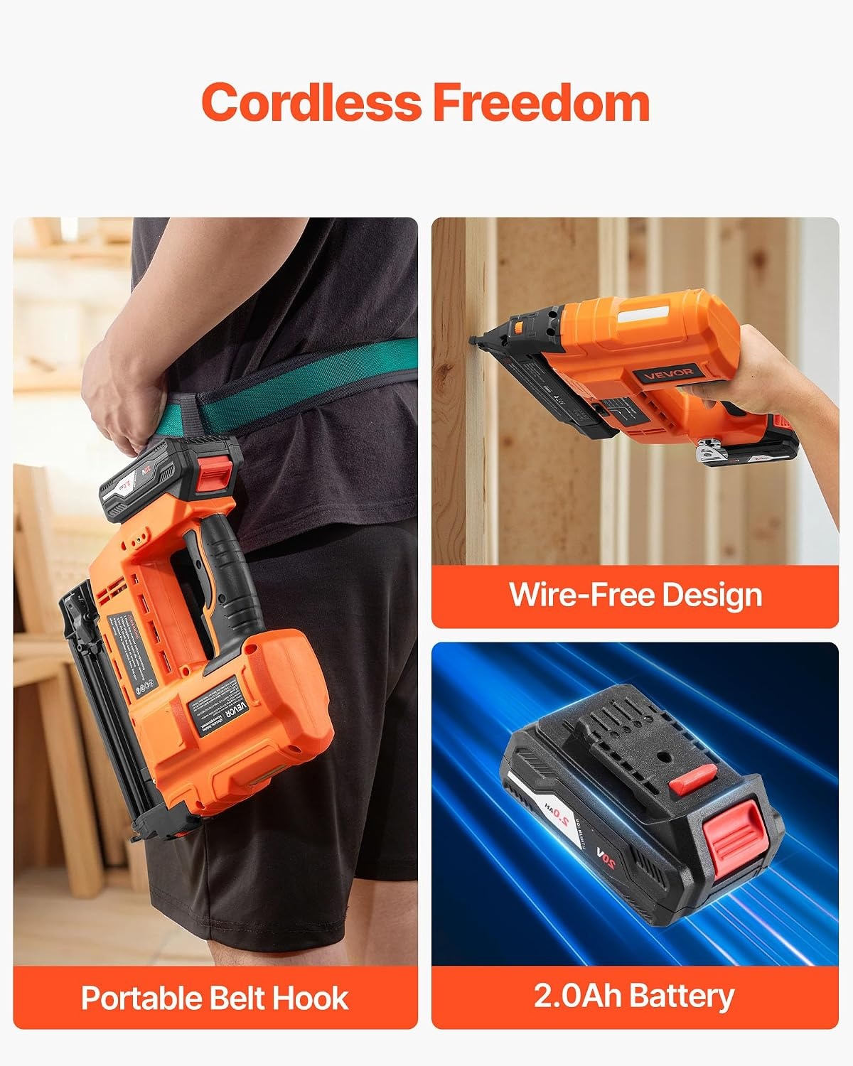 image:imageVEVOR 2in1 Cordless Brad Nailer 18 Gauge 20V Battery Powered Nail Gun and Staple Gun with 500 pcs Nails 500 pcs Staples 20 Ah Liion Battery and Charger for Home Improvement Woodworking20V Cordless Brad Nailer