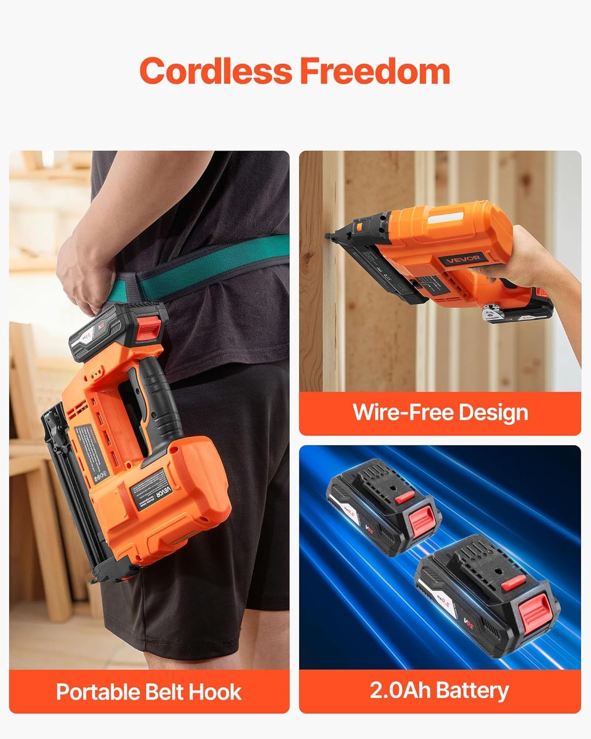 image:imageVEVOR 2in1 Cordless Brad Nailer 18 Gauge 20V Battery Powered Nail Gun and Staple Gun with 500 pcs Nails 500 pcs Staples 20 Ah Liion Battery and Charger for Home Improvement Woodworking20V Nailer Stapler 2 Batteries