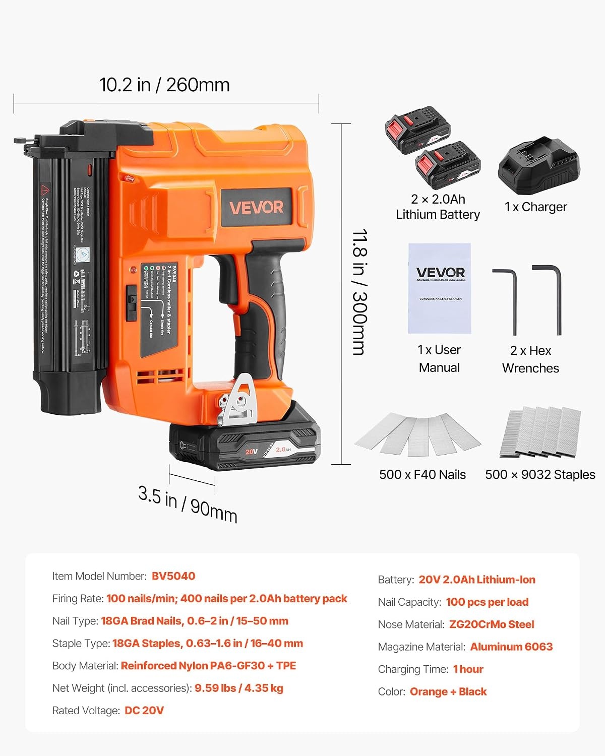 image:imageVEVOR 2in1 Cordless Brad Nailer 18 Gauge 20V Battery Powered Nail Gun and Staple Gun with 500 pcs Nails 500 pcs Staples 20 Ah Liion Battery and Charger for Home Improvement Woodworking20V Nailer Stapler 2 Batteries