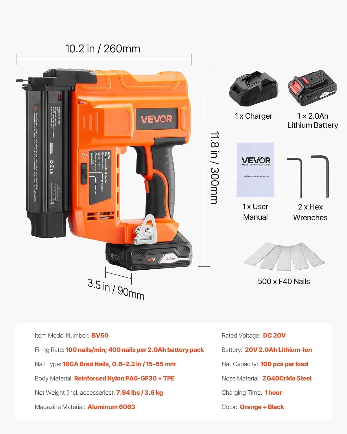 image:imageVEVOR 2in1 Cordless Brad Nailer 18 Gauge 20V Battery Powered Nail Gun and Staple Gun with 500 pcs Nails 500 pcs Staples 20 Ah Liion Battery and Charger for Home Improvement Woodworking20V Cordless Brad Nailer
