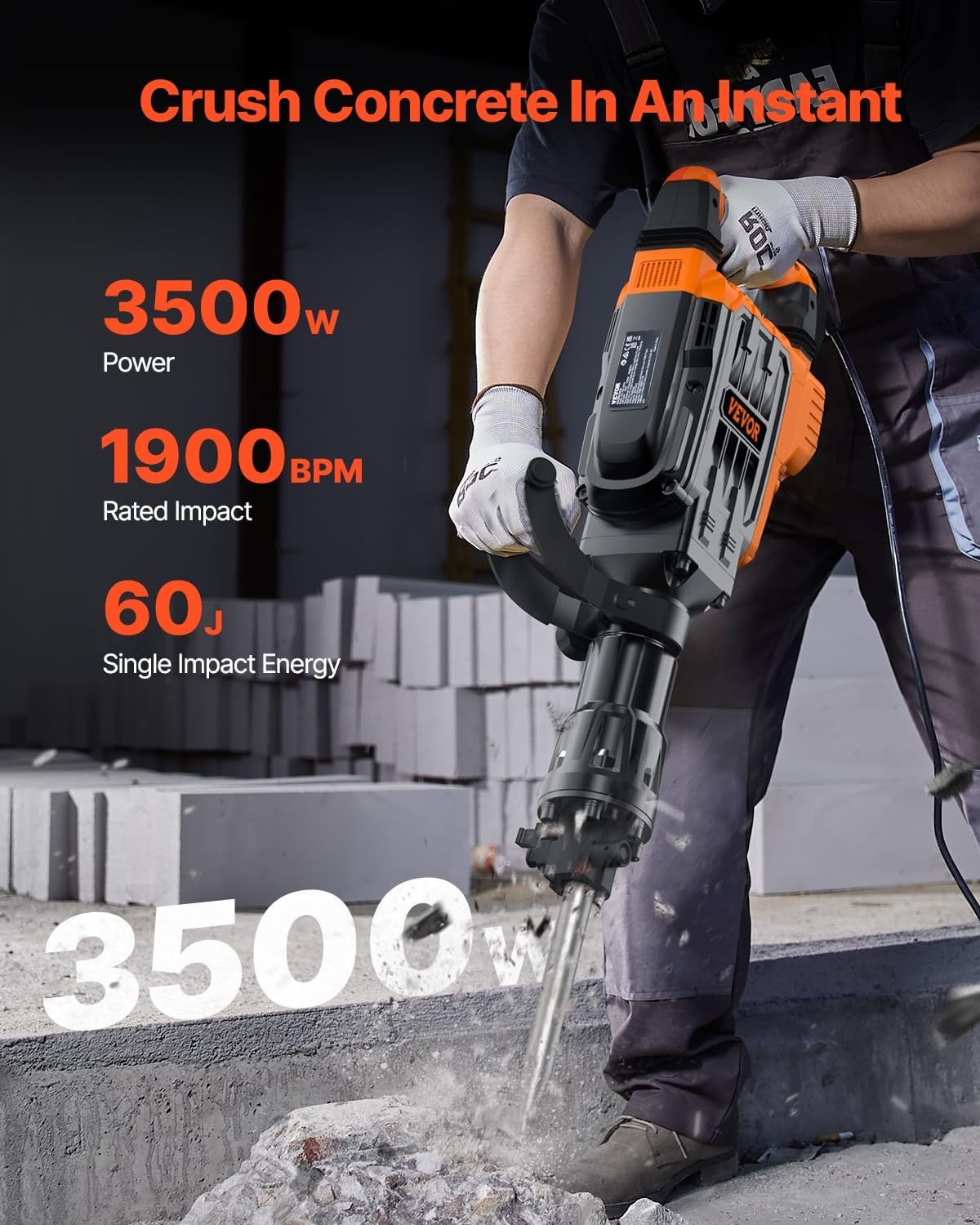 image:imageVEVOR 3500W Electric Demolition Hammer 1900 BPM Durable Jack Hammer Concrete Breaker with 2 Chisels Gloves and a 360 Rotatable Handle for Efficient Trenching BlackBlack