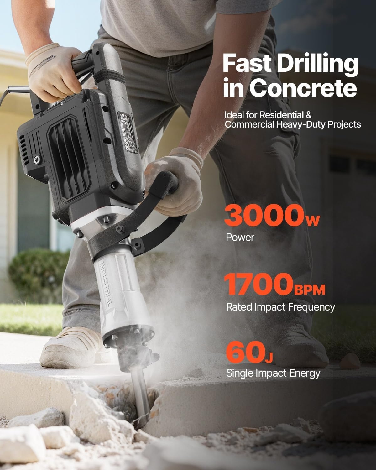 image:imageVEVOR 3500W Electric Demolition Hammer 1900 BPM Durable Jack Hammer Concrete Breaker with 2 Chisels Gloves and a 360 Rotatable Handle for Efficient Trenching BlackBlack