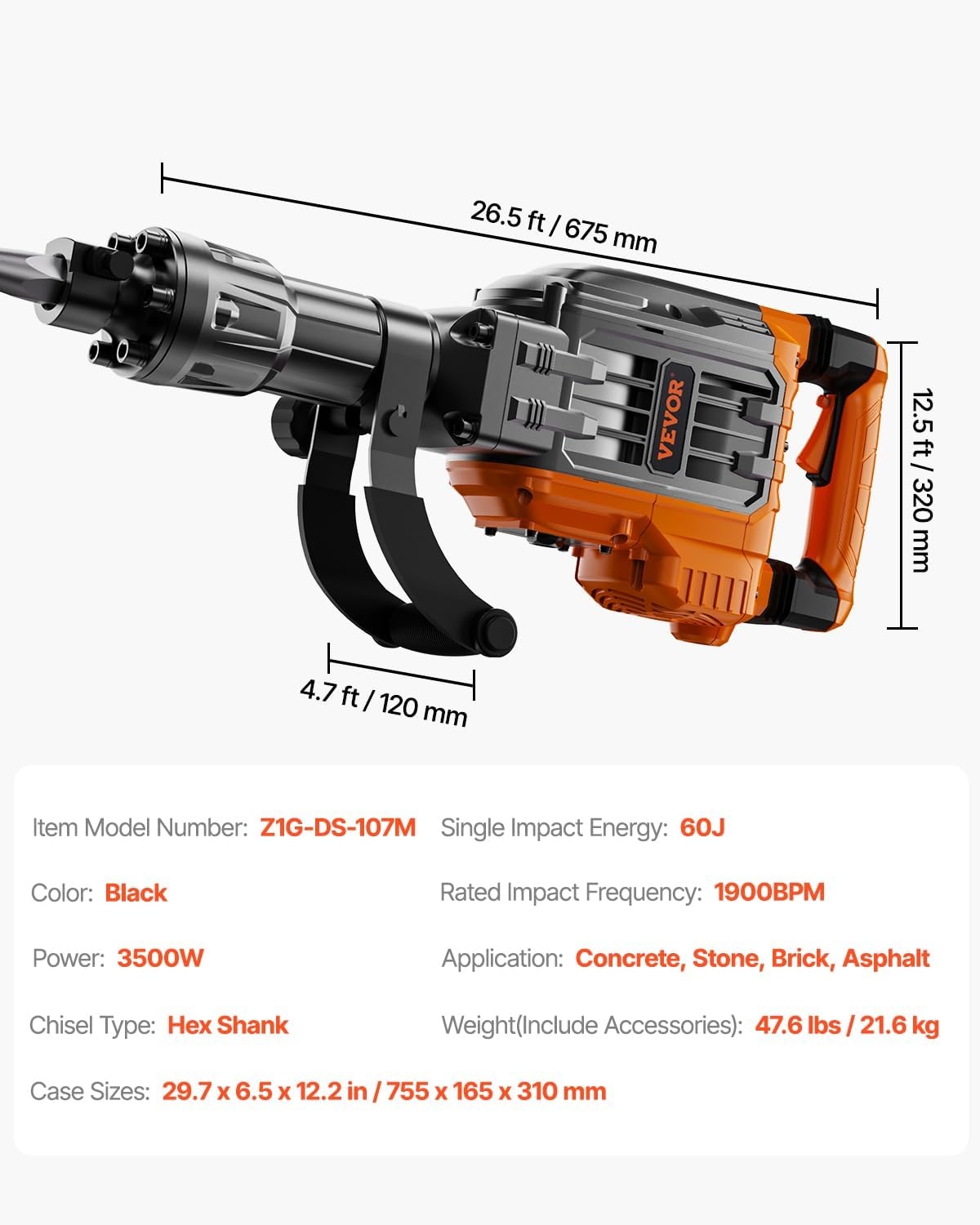 image:imageVEVOR 3500W Electric Demolition Hammer 1900 BPM Durable Jack Hammer Concrete Breaker with 2 Chisels Gloves and a 360 Rotatable Handle for Efficient Trenching BlackBlack