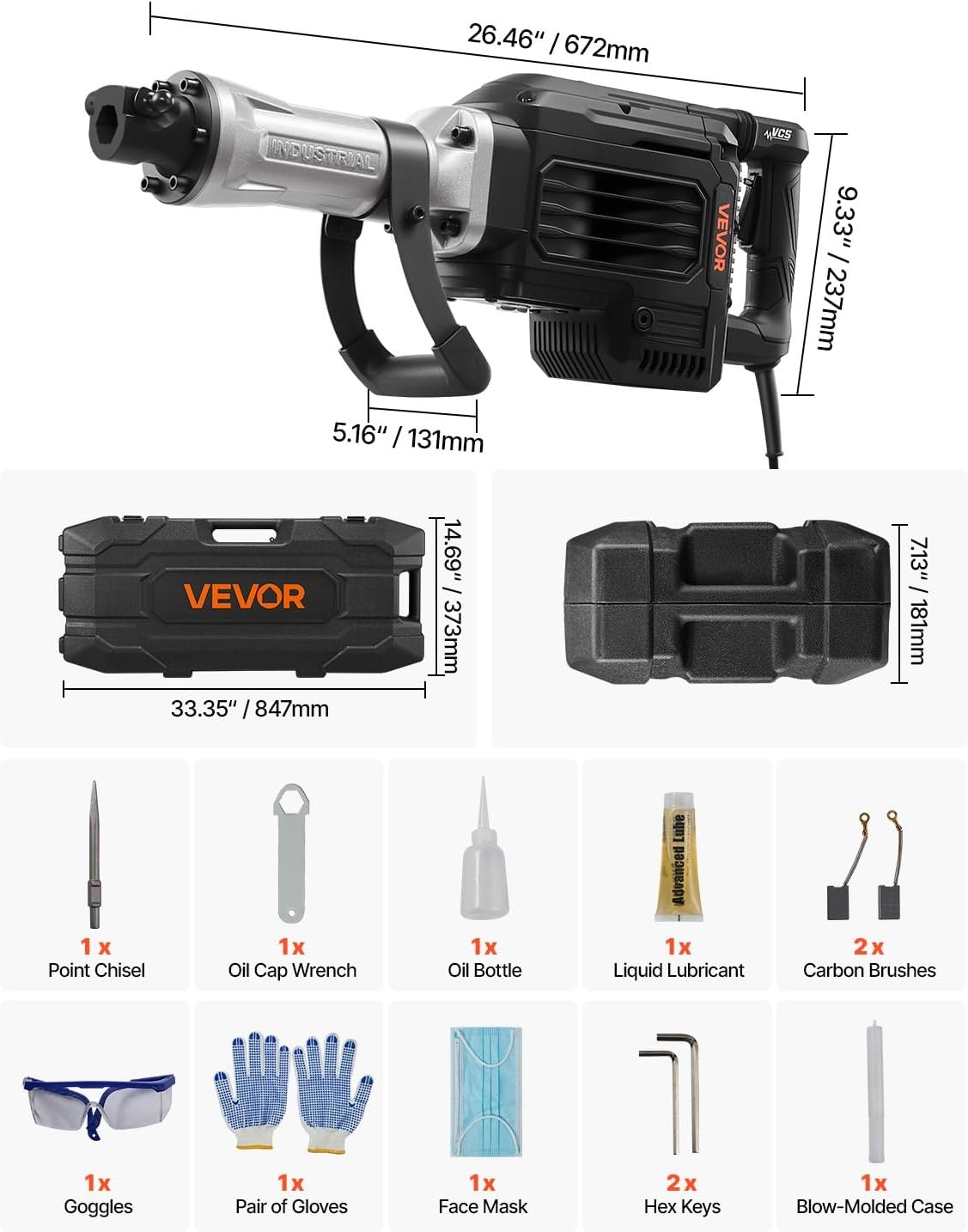 image:imageVEVOR 3500W Electric Demolition Hammer 1900 BPM Durable Jack Hammer Concrete Breaker with 2 Chisels Gloves and a 360 Rotatable Handle for Efficient Trenching BlackBlack