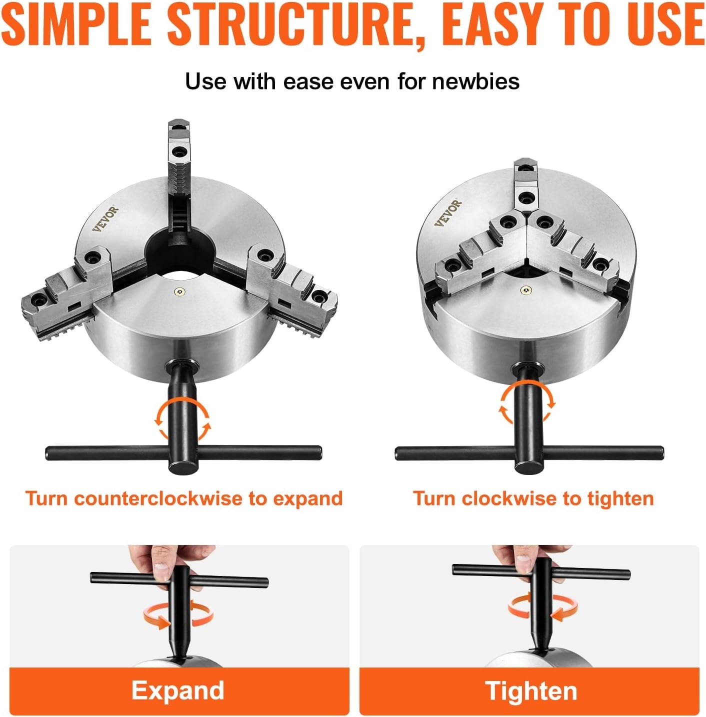 image:imageVEVOR 3Jaw Lathe Chuck 8 Inch 200 mm SelfCentering Chuck with 2 14 in8 Threaded Backing Plate 016787 in 4200 mm Clamping Range with Twrench Screws HT300 Material for Wood Metal Lathe10 inches