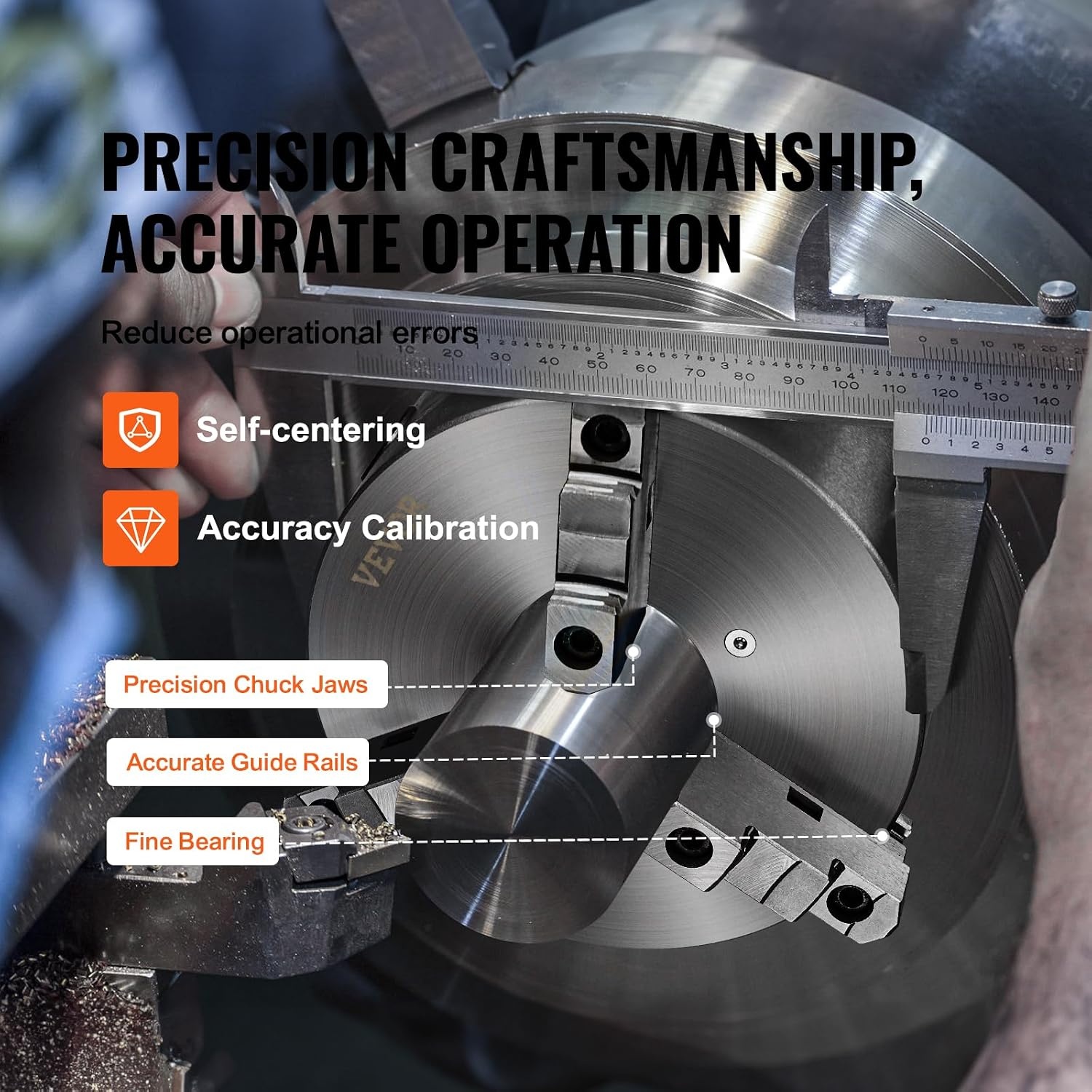 image:imageVEVOR 3Jaw Lathe Chuck 8 Inch 200 mm SelfCentering Chuck with 2 14 in8 Threaded Backing Plate 016787 in 4200 mm Clamping Range with Twrench Screws HT300 Material for Wood Metal Lathe10 inches
