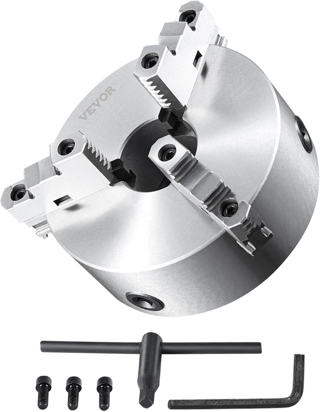 image:imageVEVOR 3Jaw Lathe Chuck 8 Inch 200 mm SelfCentering Chuck with 2 14 in8 Threaded Backing Plate 016787 in 4200 mm Clamping Range with Twrench Screws HT300 Material for Wood Metal Lathe10 inches