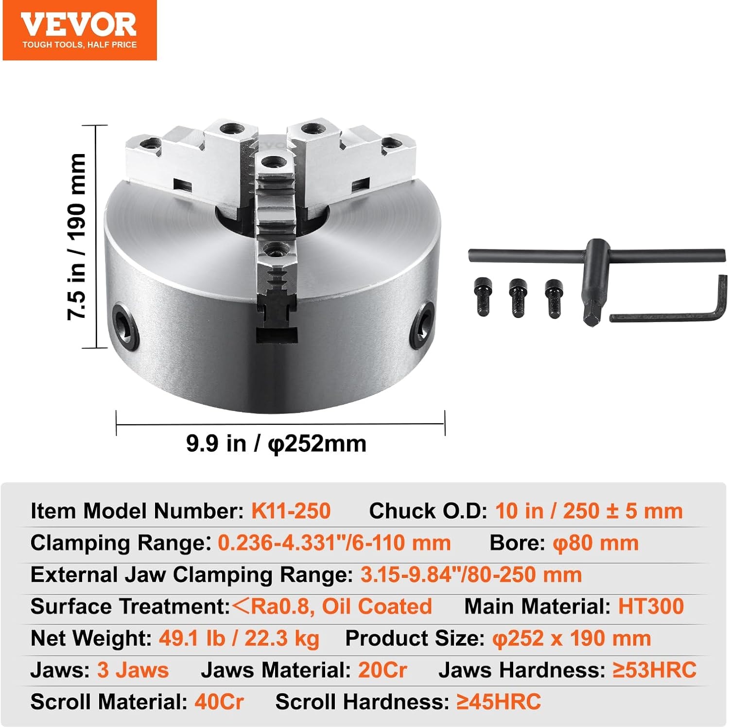 image:imageVEVOR 3Jaw Lathe Chuck 8 Inch 200 mm SelfCentering Chuck with 2 14 in8 Threaded Backing Plate 016787 in 4200 mm Clamping Range with Twrench Screws HT300 Material for Wood Metal Lathe10 inches