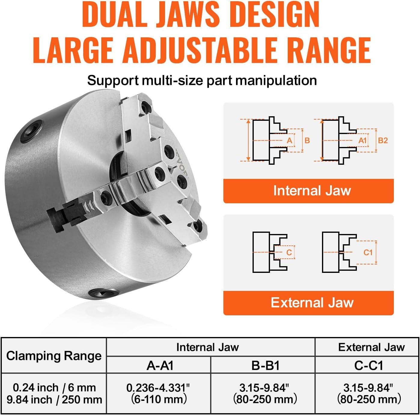 image:imageVEVOR 3Jaw Lathe Chuck 8 Inch 200 mm SelfCentering Chuck with 2 14 in8 Threaded Backing Plate 016787 in 4200 mm Clamping Range with Twrench Screws HT300 Material for Wood Metal Lathe10 inches