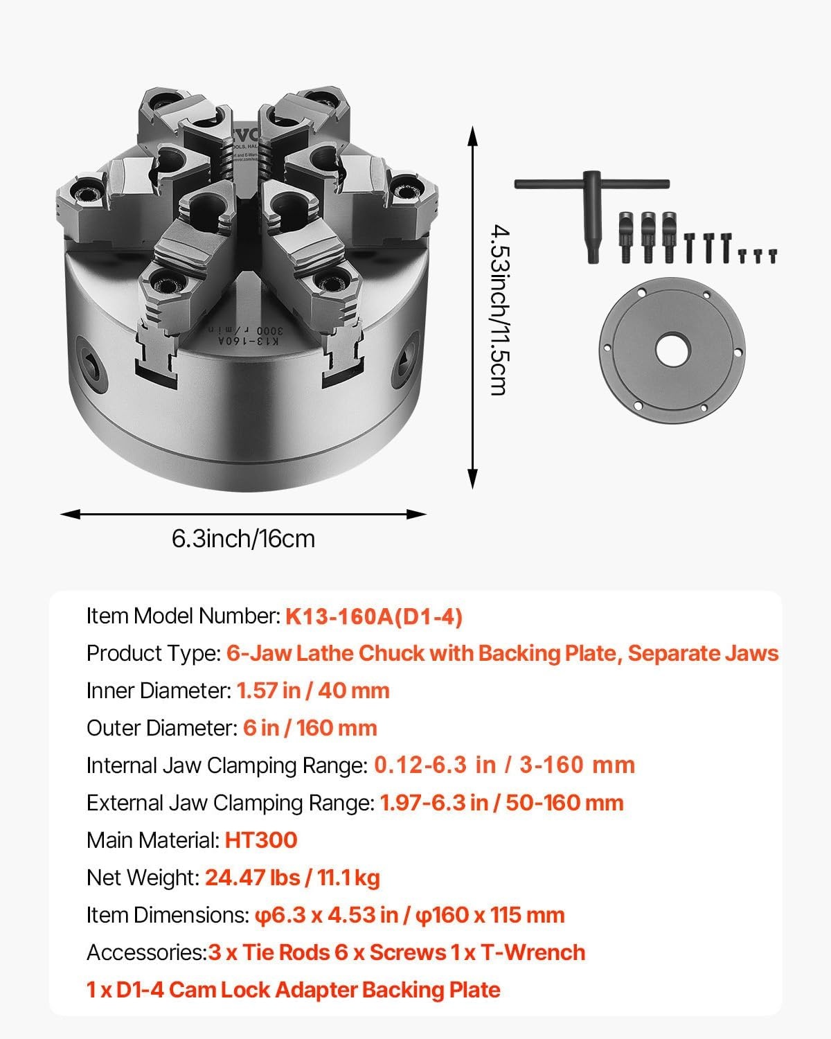 image:imageVEVOR 3Jaw Lathe Chuck 8 Inch 200 mm SelfCentering Chuck with 2 14 in8 Threaded Backing Plate 016787 in 4200 mm Clamping Range with Twrench Screws HT300 Material for Wood Metal Lathe6 inches