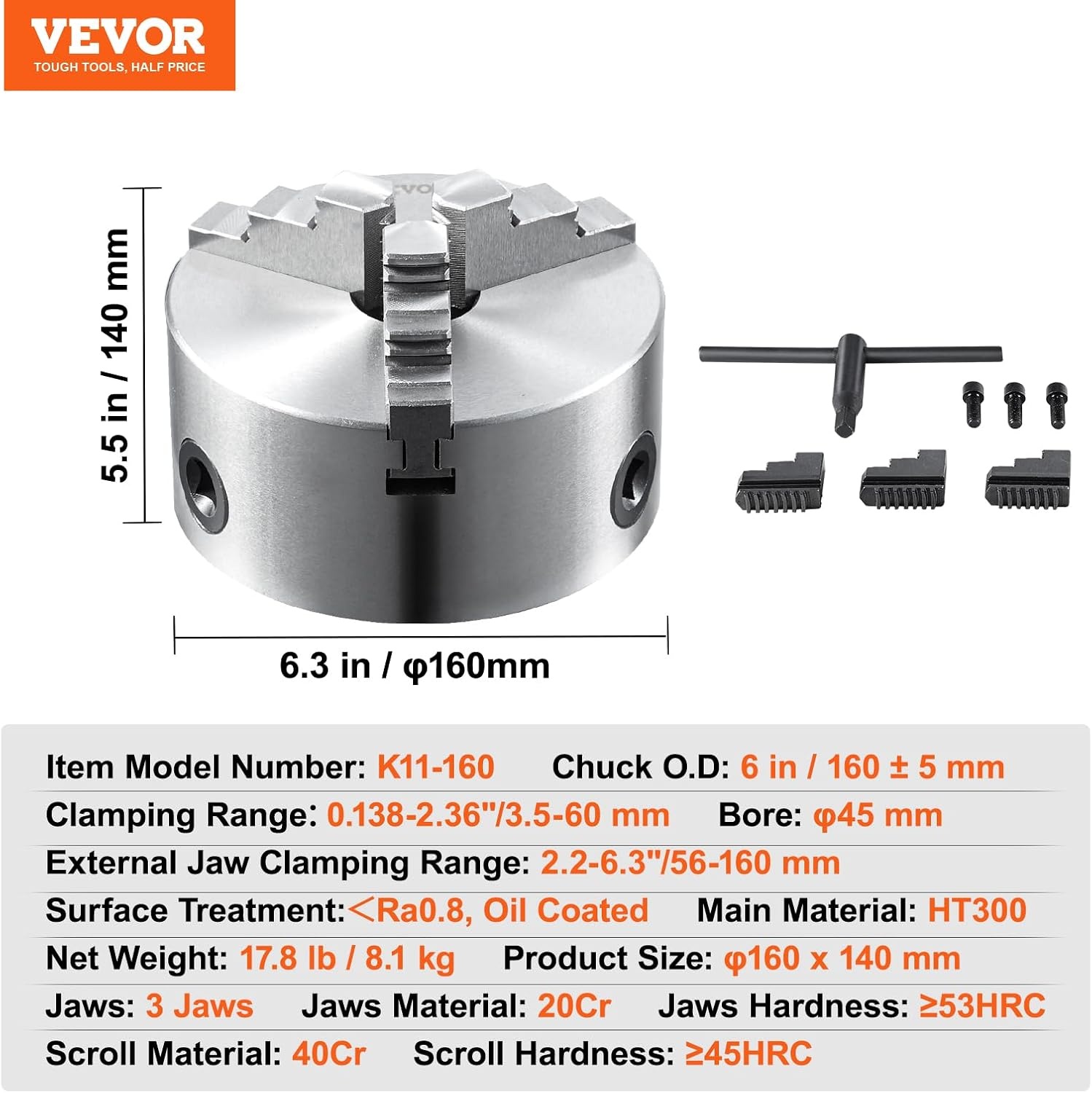 image:imageVEVOR 3Jaw Lathe Chuck 8 SelfCentering Lathe Chuck 0168 in4200 mm Clamping Range with Tkey Fixing Screws Hexagon Wrench for Lathe 3D Printer Machining Center Milling Drilling Machine6 In