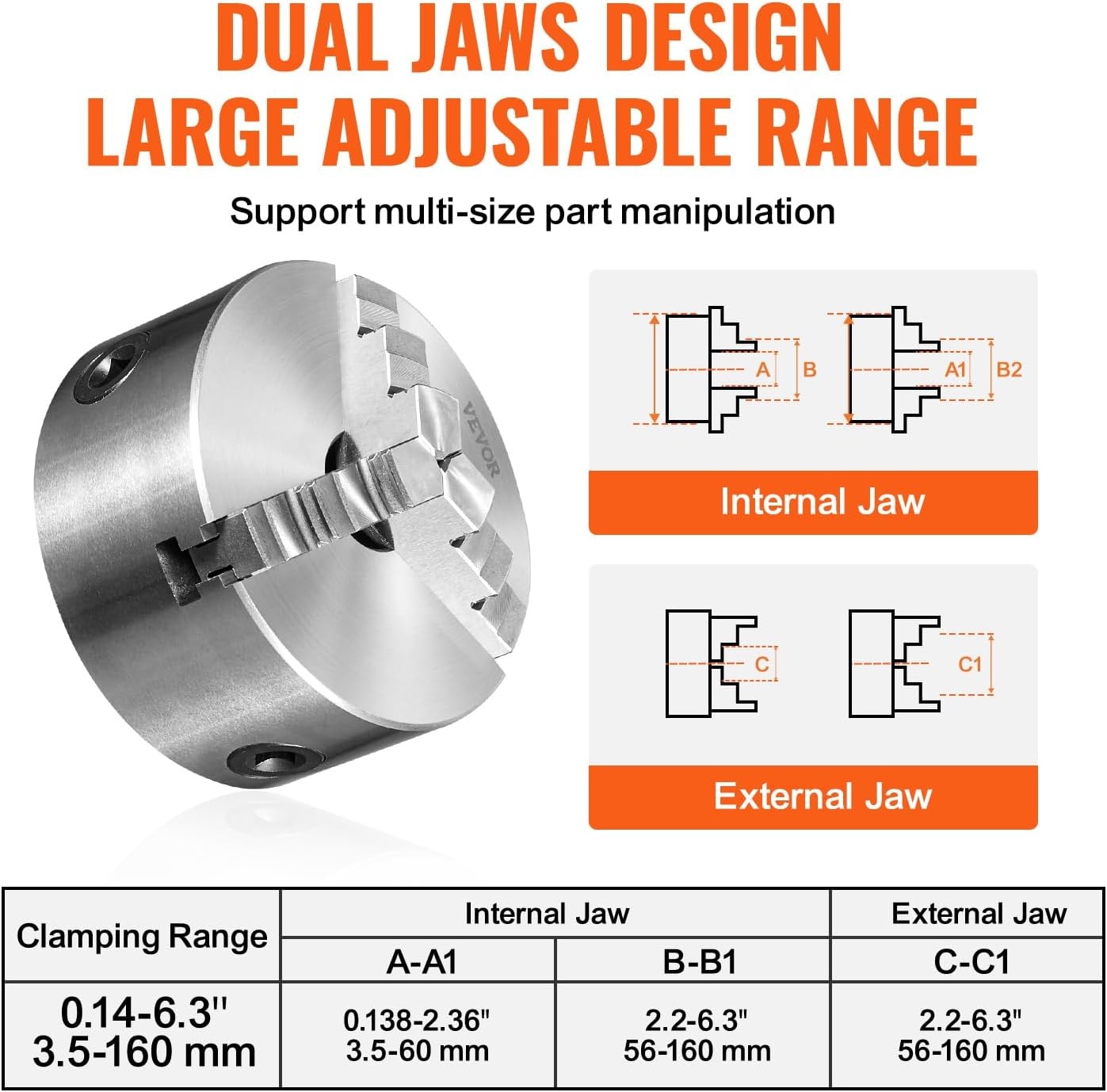 image:imageVEVOR 3Jaw Lathe Chuck 8 SelfCentering Lathe Chuck 0168 in4200 mm Clamping Range with Tkey Fixing Screws Hexagon Wrench for Lathe 3D Printer Machining Center Milling Drilling Machine6 In