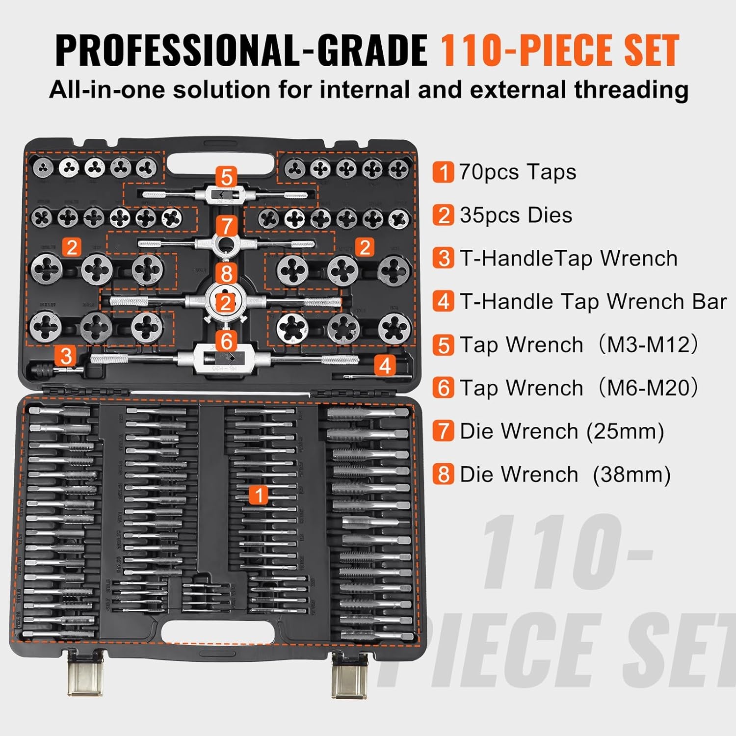 image:imageVEVOR 40 pcs Tap and Die Set Metric Size M3M12 Rethreading Tapping Tools Kit Made of Durable Bearing Steel Includes Full Accessories and Storage Case for Internal and External Thread Cutting110PC