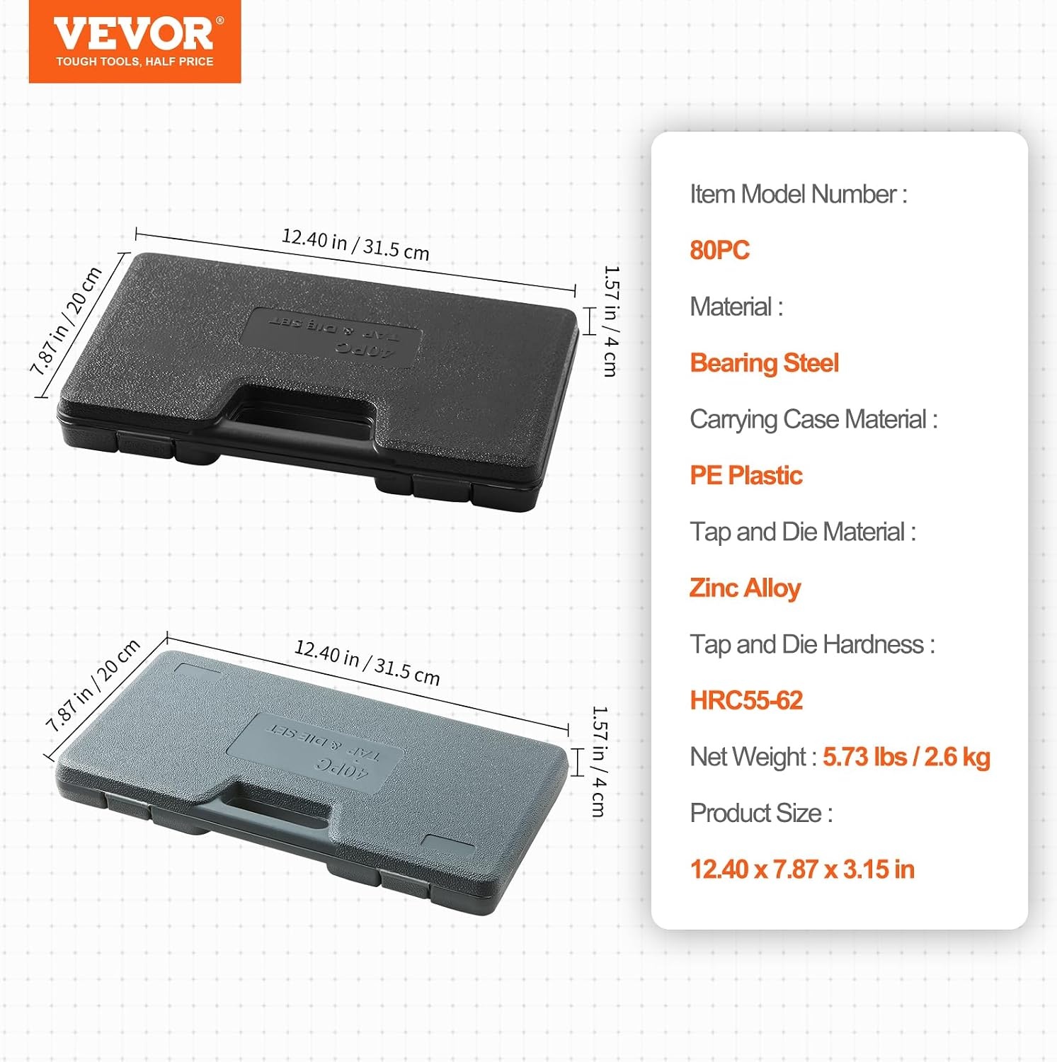 image:imageVEVOR 40 pcs Tap and Die Set Metric Size M3M12 Rethreading Tapping Tools Kit Made of Durable Bearing Steel Includes Full Accessories and Storage Case for Internal and External Thread Cutting80PC