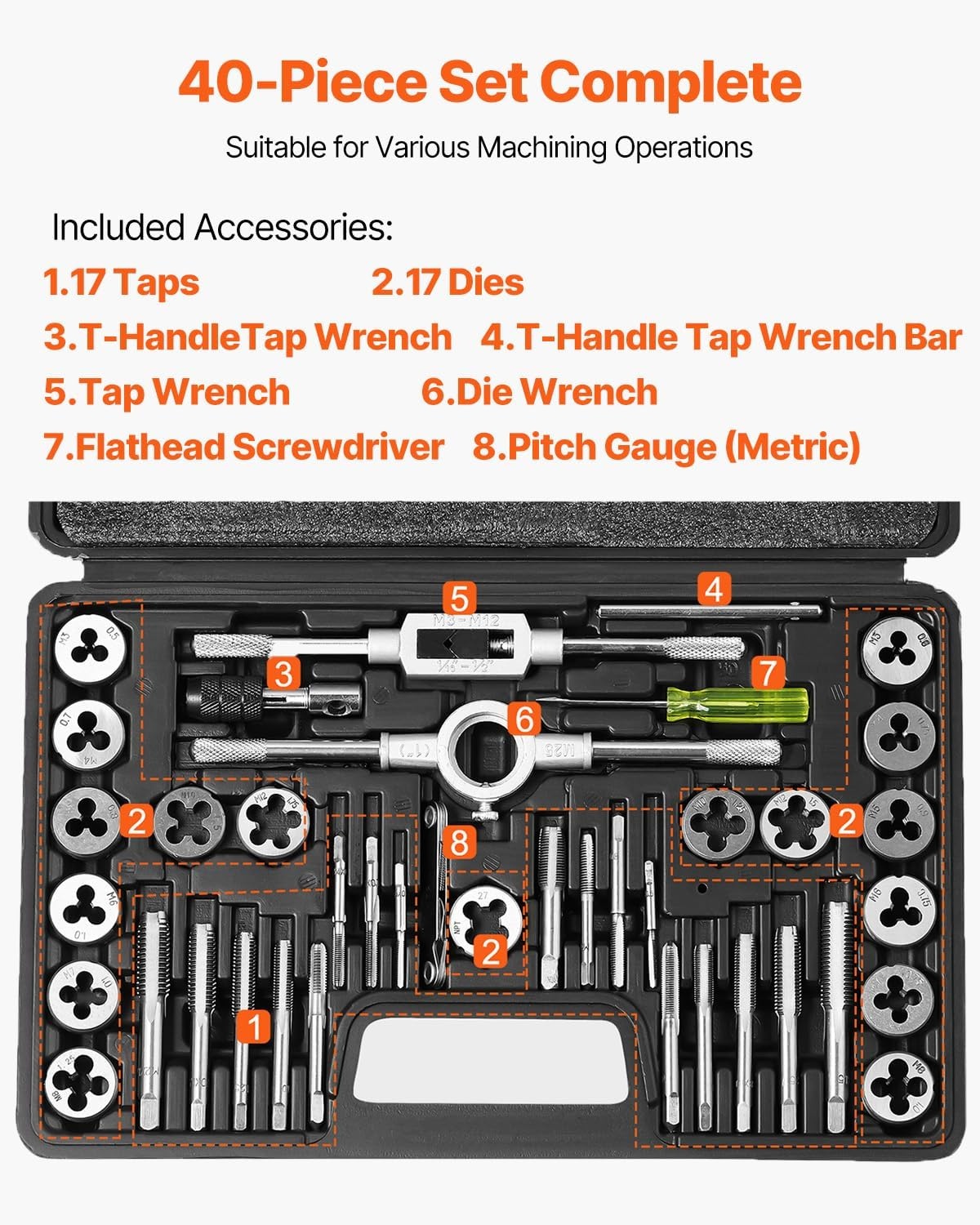 image:imageVEVOR 40 pcs Tap and Die Set Metric Size M3M12 Rethreading Tapping Tools Kit Made of Durable Bearing Steel Includes Full Accessories and Storage Case for Internal and External Thread Cutting40PC