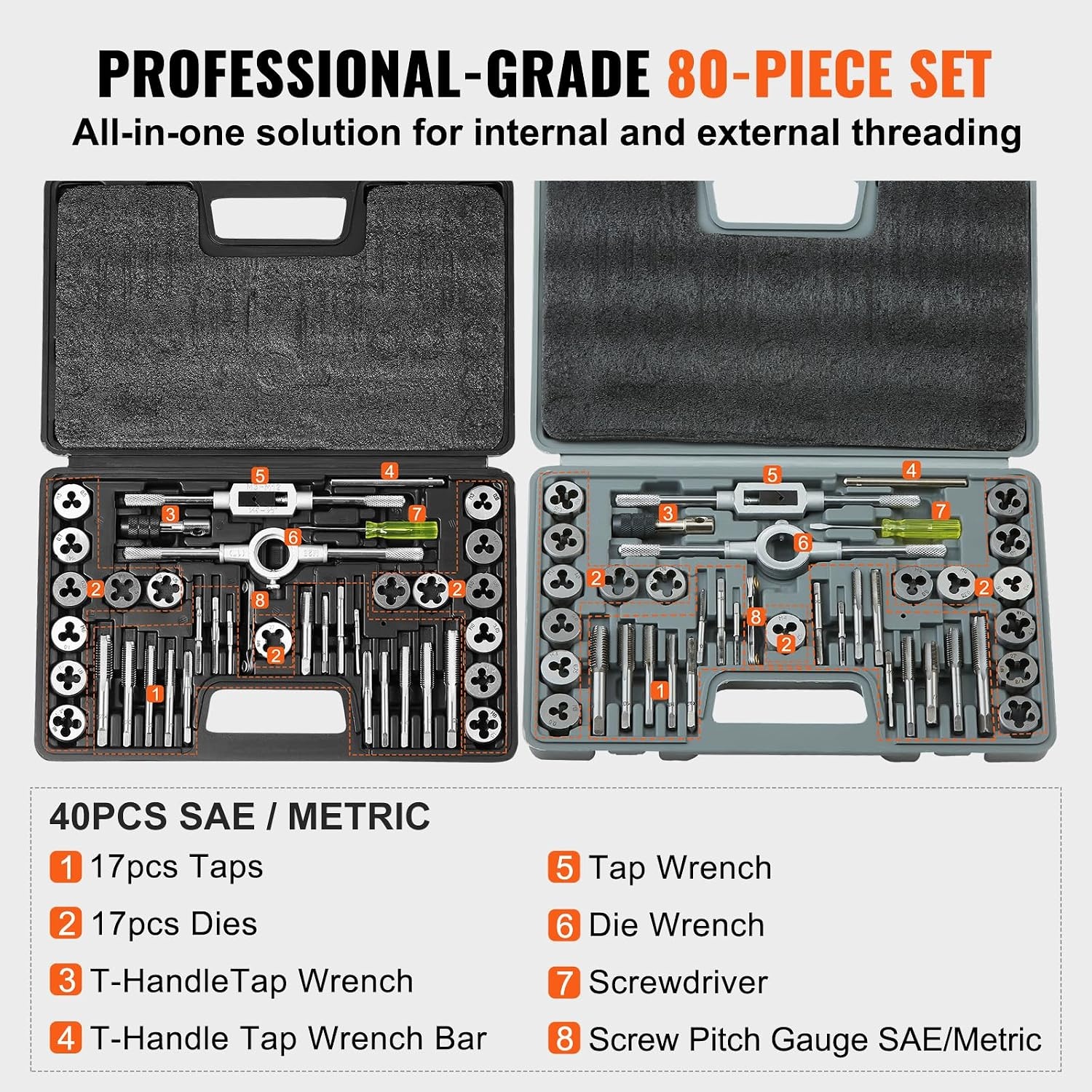 image:imageVEVOR 40 pcs Tap and Die Set Metric Size M3M12 Rethreading Tapping Tools Kit Made of Durable Bearing Steel Includes Full Accessories and Storage Case for Internal and External Thread Cutting80PC