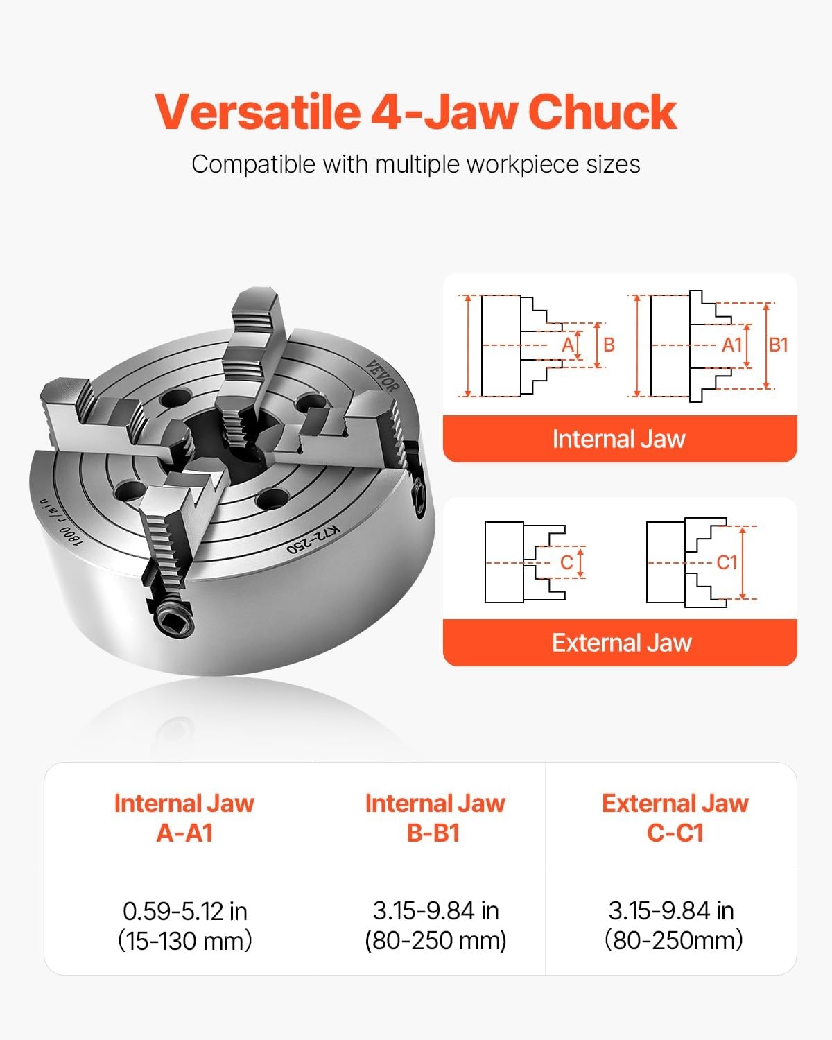 image:imageVEVOR 4Jaw Lathe Chuck 10 in 250 mm Lathe Chuck 06984 in 15250 mm Clamping Range with Tkey Fixing Screws Reversible Jaws HT300 Cast Iron Material Internal External for Wood Metal Lathe