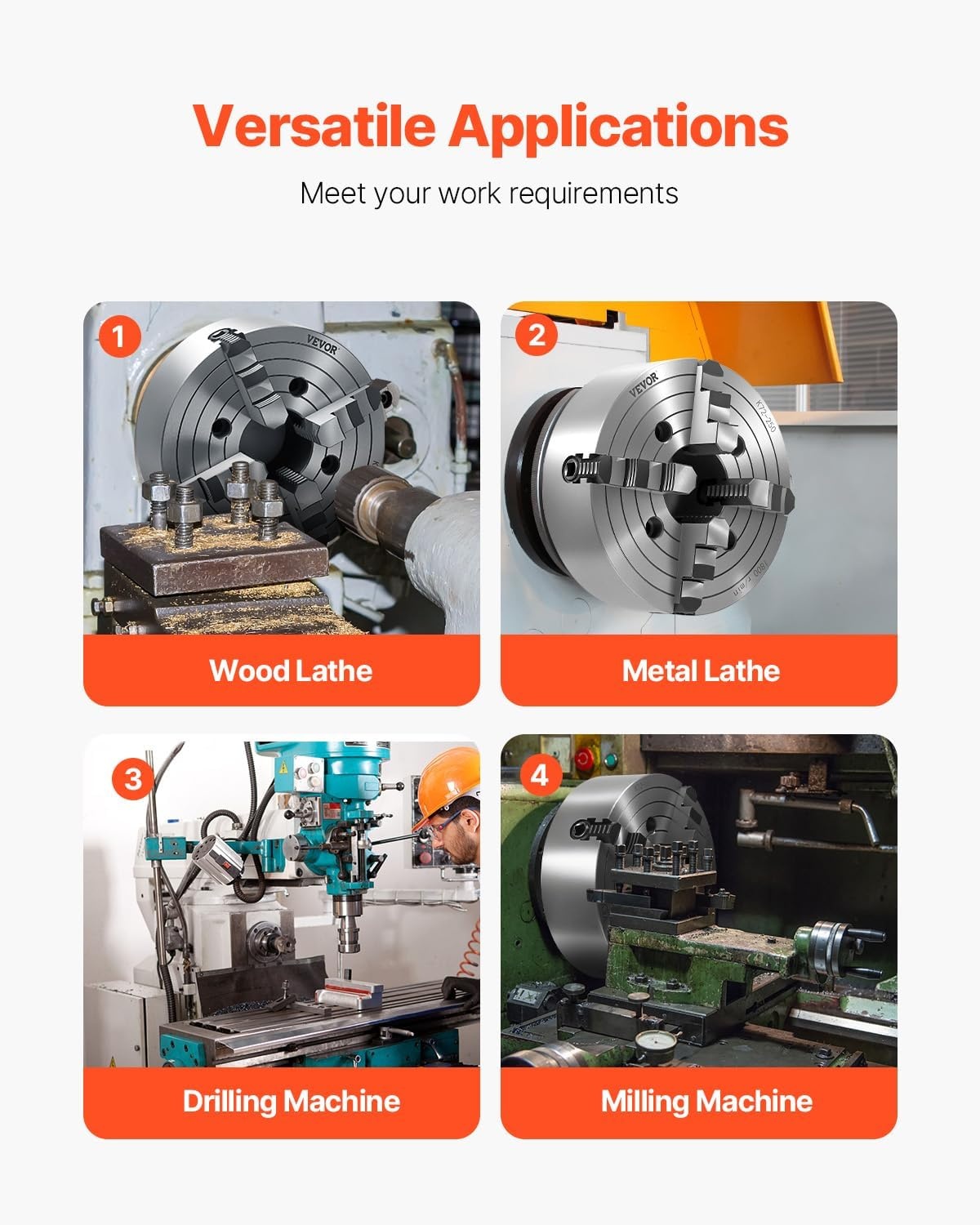 image:imageVEVOR 4Jaw Lathe Chuck 10 in 250 mm Lathe Chuck 06984 in 15250 mm Clamping Range with Tkey Fixing Screws Reversible Jaws HT300 Cast Iron Material Internal External for Wood Metal Lathe