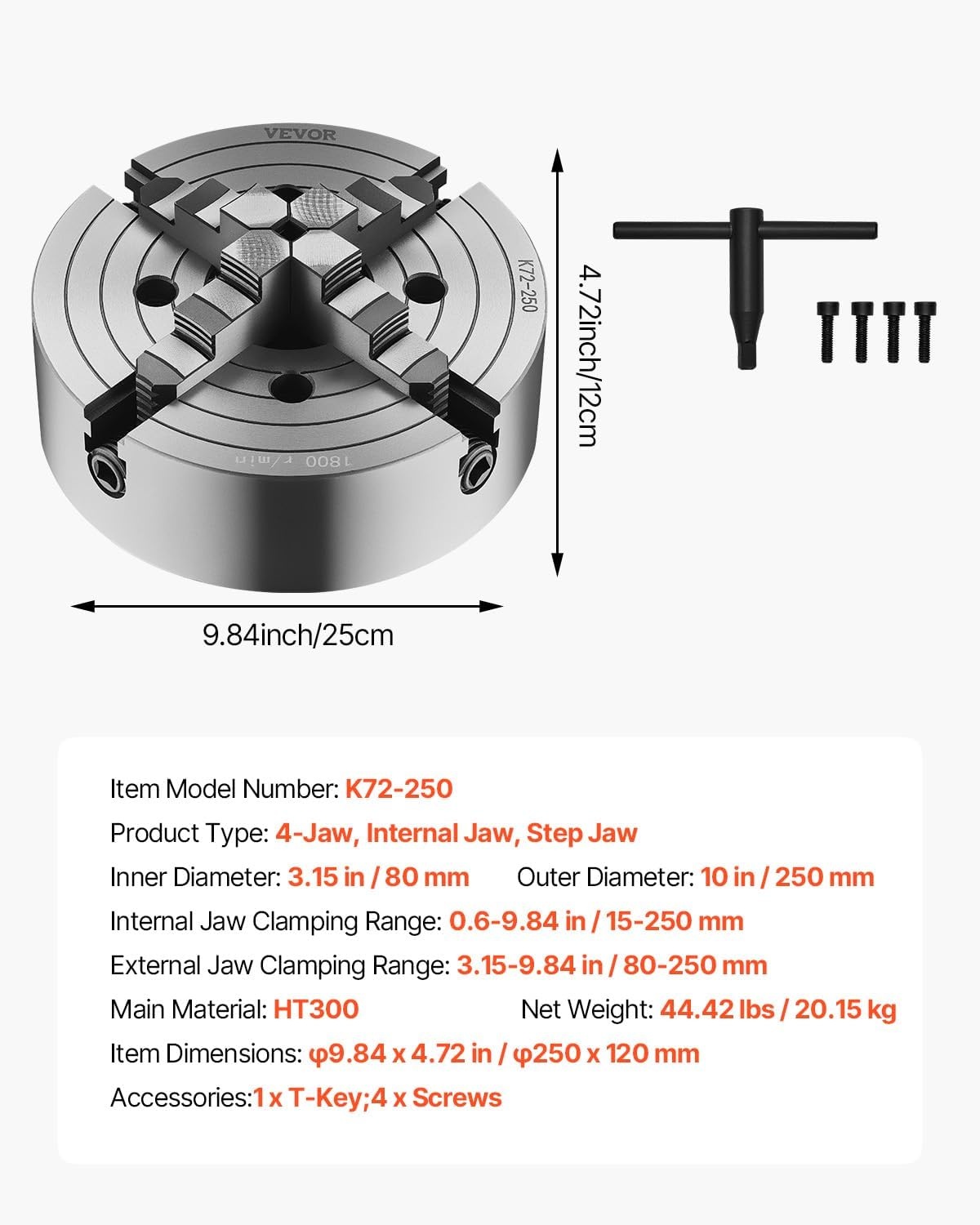 image:imageVEVOR 4Jaw Lathe Chuck 10 in 250 mm Lathe Chuck 06984 in 15250 mm Clamping Range with Tkey Fixing Screws Reversible Jaws HT300 Cast Iron Material Internal External for Wood Metal Lathe