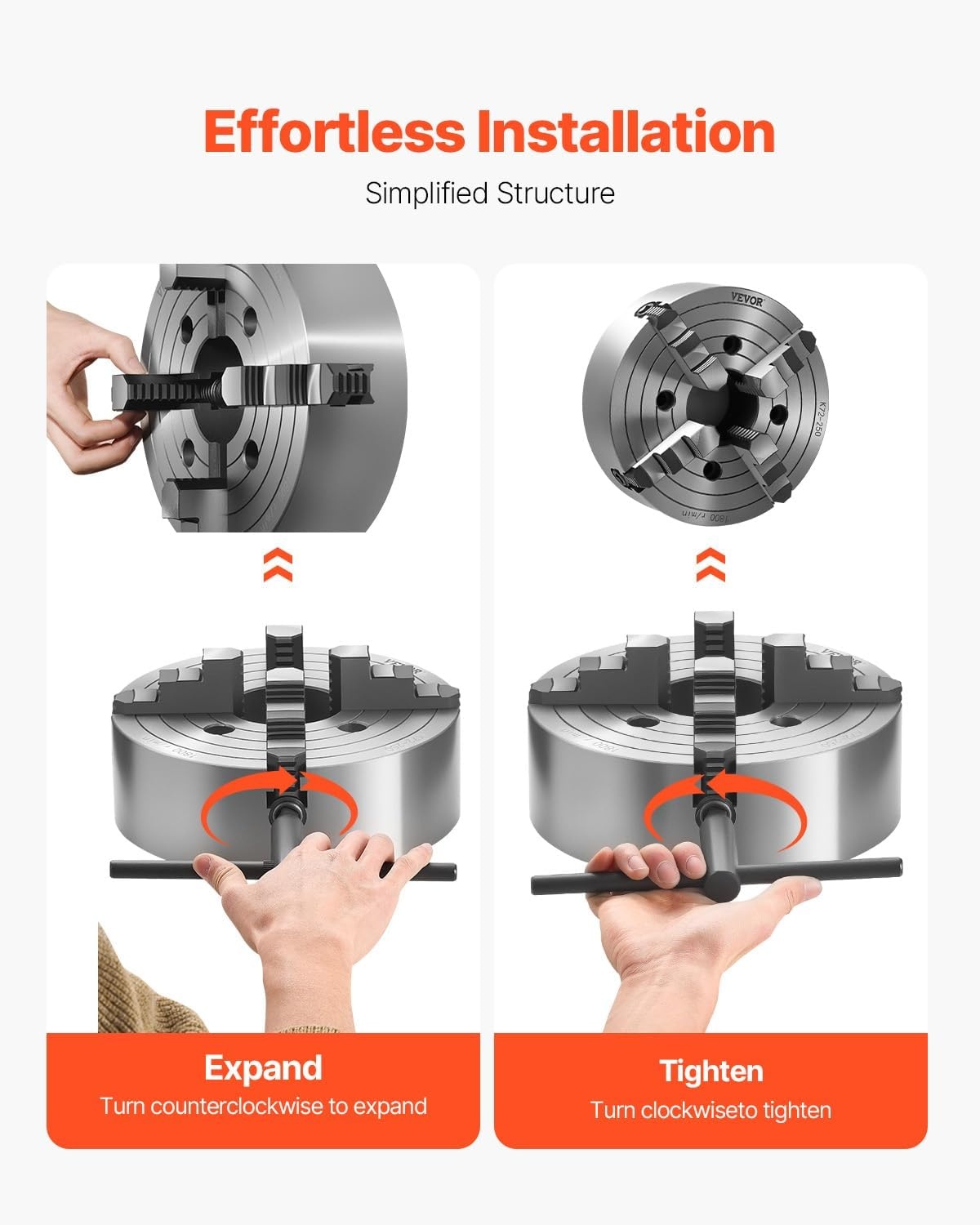 image:imageVEVOR 4Jaw Lathe Chuck 10 in 250 mm Lathe Chuck 06984 in 15250 mm Clamping Range with Tkey Fixing Screws Reversible Jaws HT300 Cast Iron Material Internal External for Wood Metal Lathe