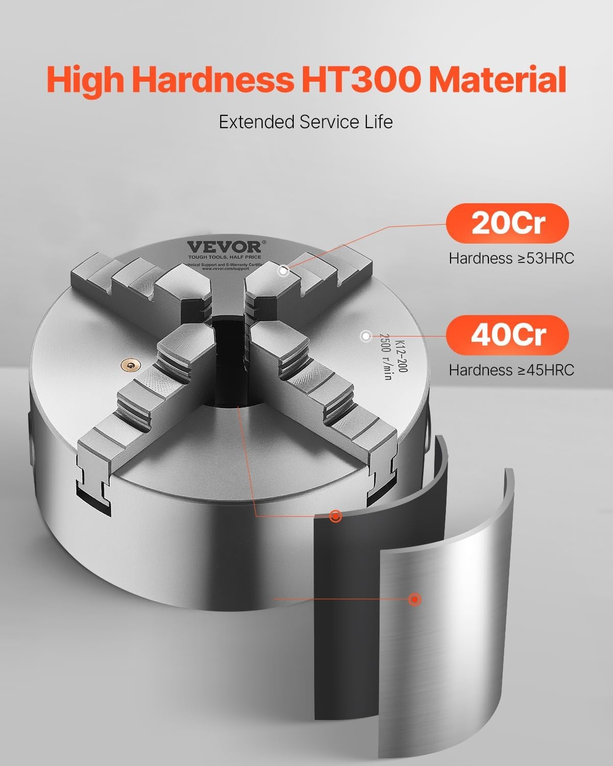 image:imageVEVOR 4Jaw Lathe Chuck 8 Inch 200 mm SelfCentering Chuck with 1 12 in8 Threaded Backing Plate 016787 in 4200 mm Clamping Range with Twrench Screws HT300 Material for Wood Metal Lathe
